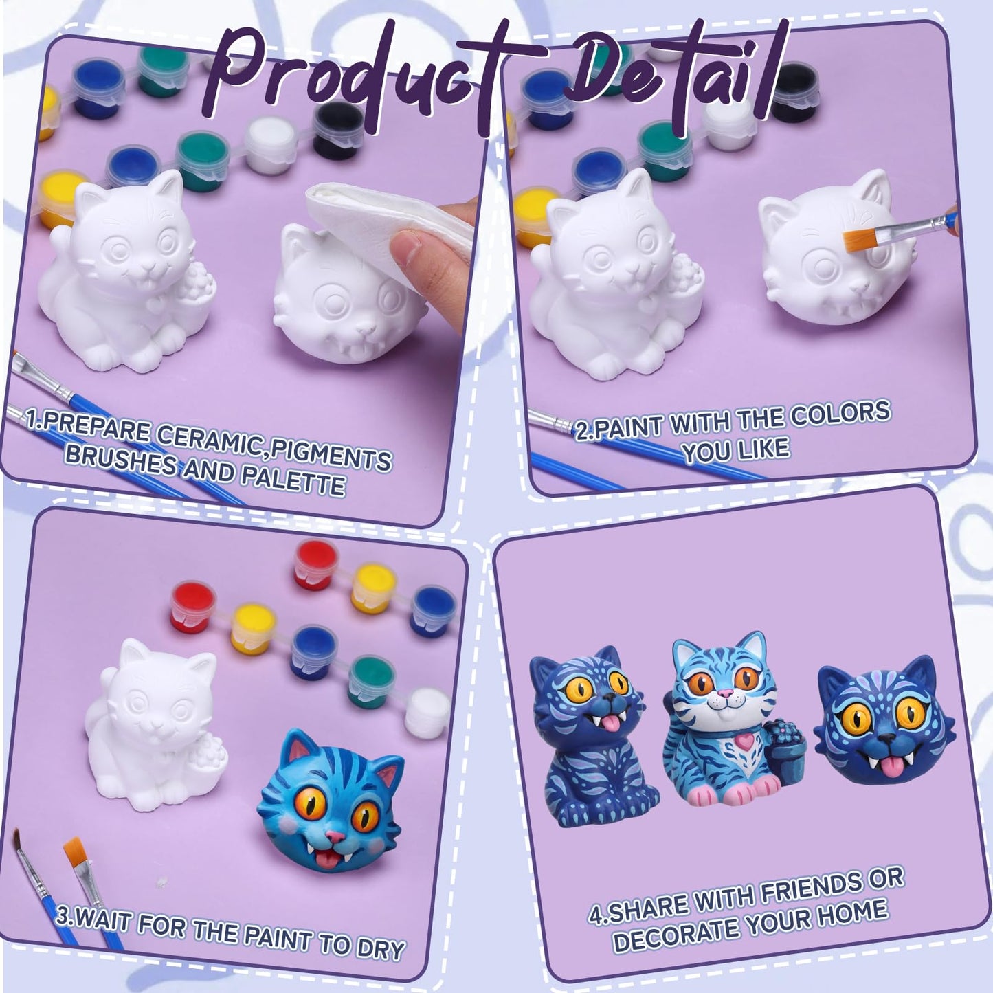 Jenaai 6 Pcs Kpop Theme Party Cat Ceramic Painting Kit DIY Blue Cat Gypsum Figurine Paint Craft Paint Your Own Kitten Statue for Birthday Gifts Decoration Friendship Fans Favor