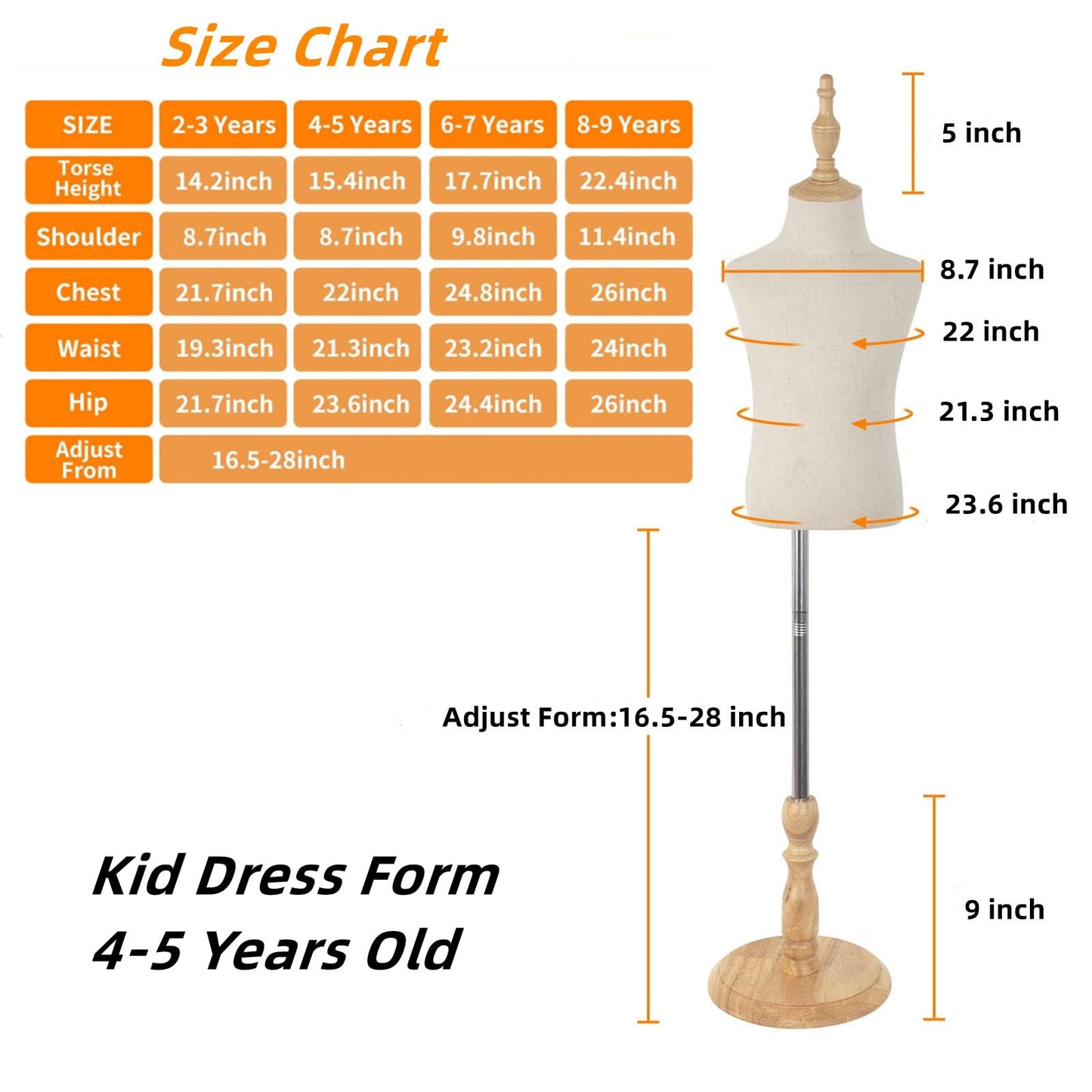 Child Mannequin,Kid Dress Form with Wooden Base,Adjustable Girl and Boy Body Bust Forms for Apparel Scarf Window Shop Display, 4-5 Years Old