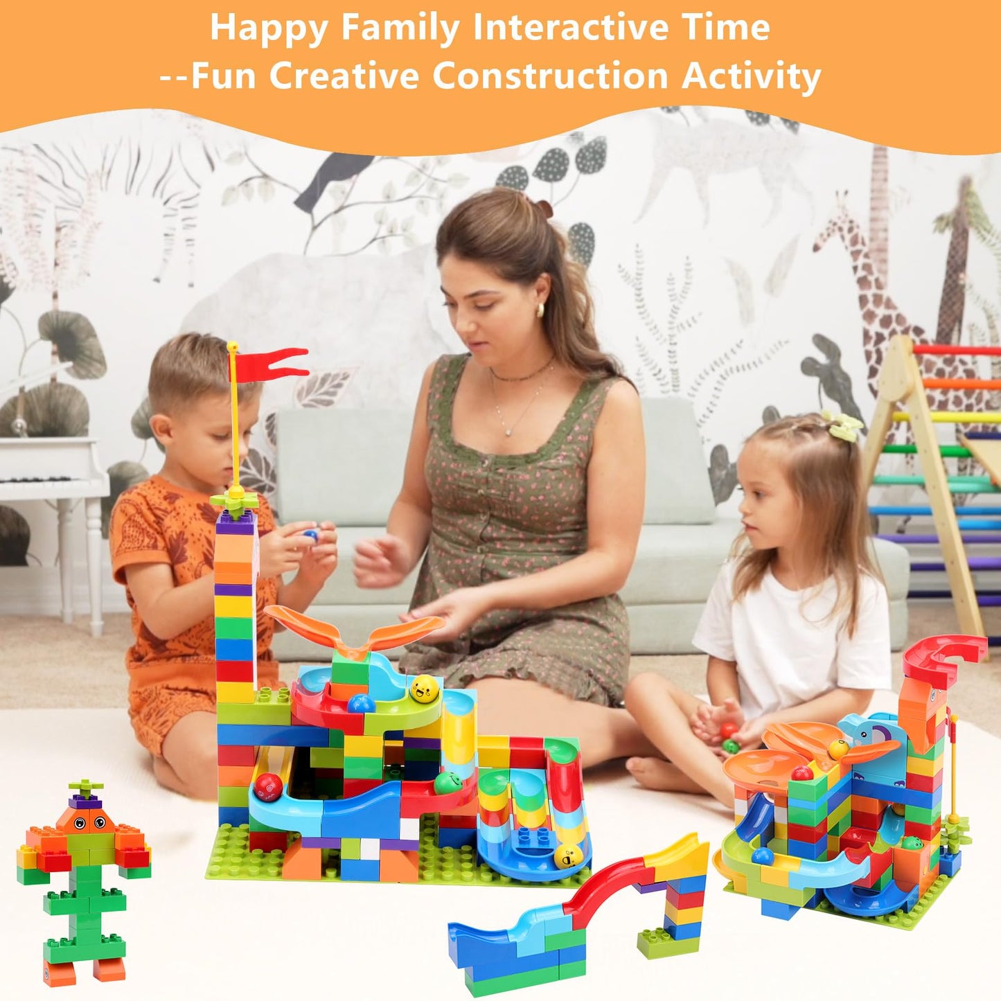 COUOMOXA 130 Pcs Launch Marble Run Building Blocks Classic Big Blocks STEM Toys Bricks Set Kids Race Track Compatible with All Major Brands Montessori Learn Resource Gift for Boys Girls Toddler Age 3+