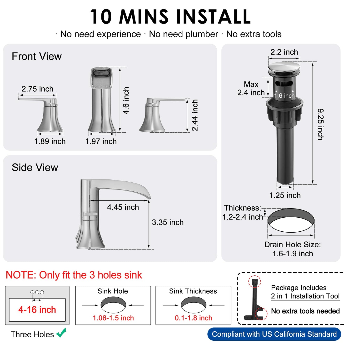 HOIGY Brushed Nickel Bathroom Faucet 3 Hole, 4-8 Inch Waterfall Bathroom Sink Faucet Widespread with Drain & cUPC Supply Hose, 2 Handles for Vanity, Lavatory, Restroom, Brass Material, 10 Mins Install