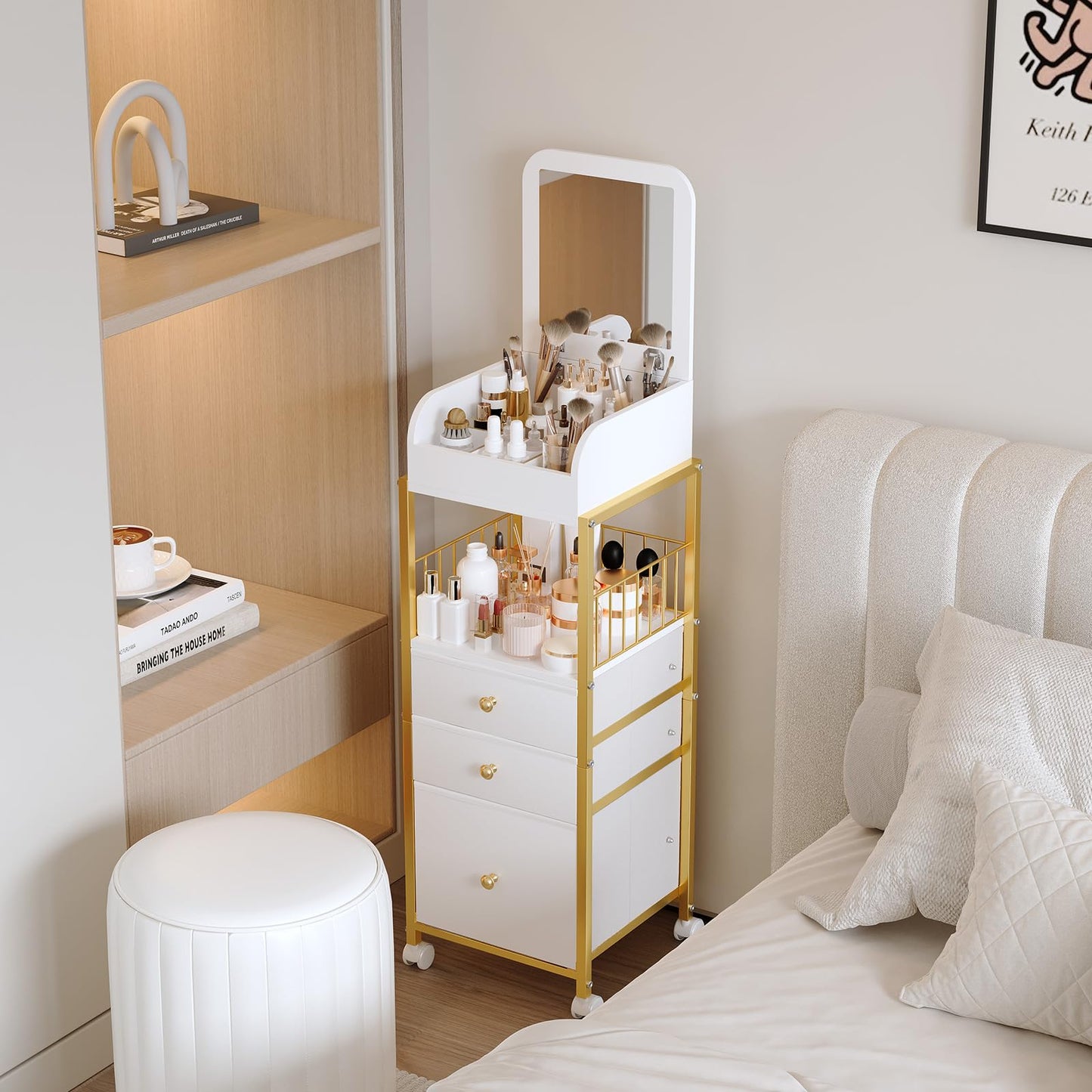 ZQUYAJ Makeup Cart Organizer with Mirror, Floor Makeup Organizer Large- Make Up Organizers Vanity Cart Cosmetic Display Cases Holder for Skin Care Perfume Nail Polish Brush Hair Tool (Gold)
