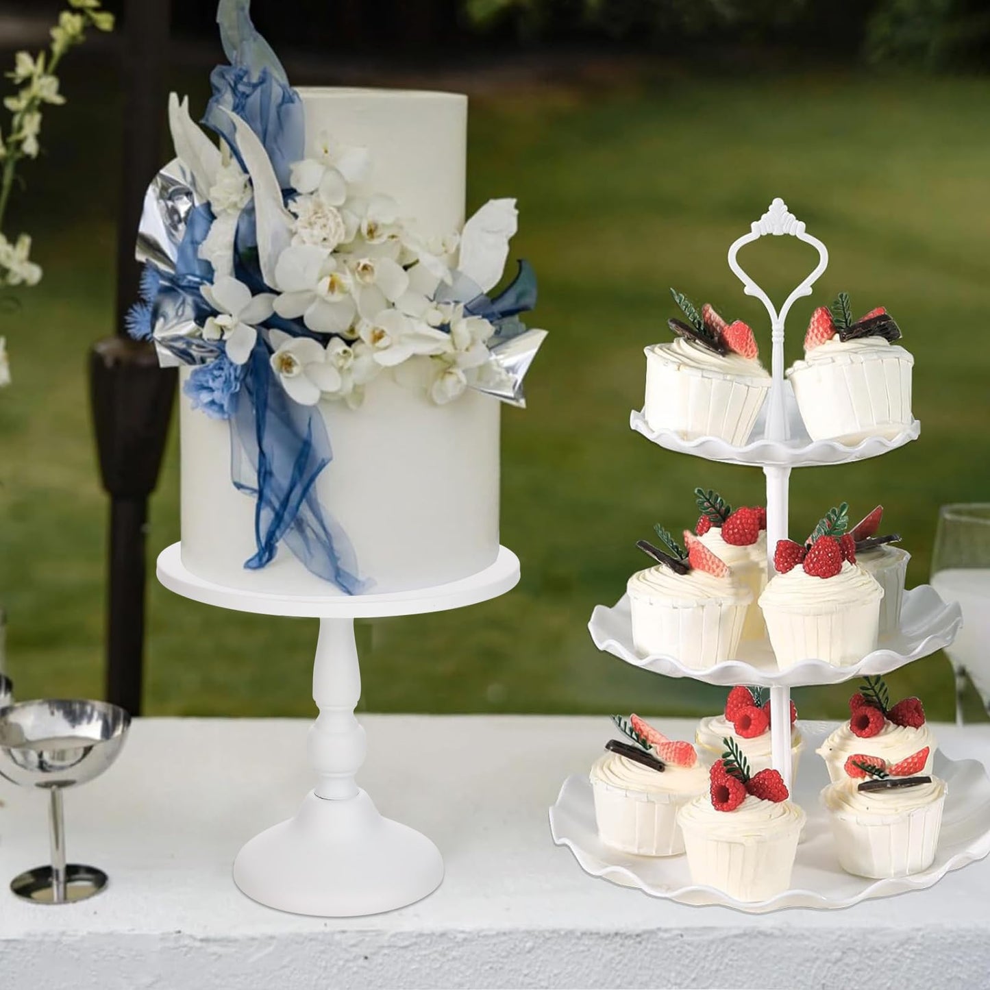 7 Pcs Dessert Table Stand Set 2 Pcs 3-Tier Plastic Cupcake Stands 1 Pc Metal White Cake Stand for Party Cookie Tray Rack Serving Tray Display Tower for Wedding Baby Shower