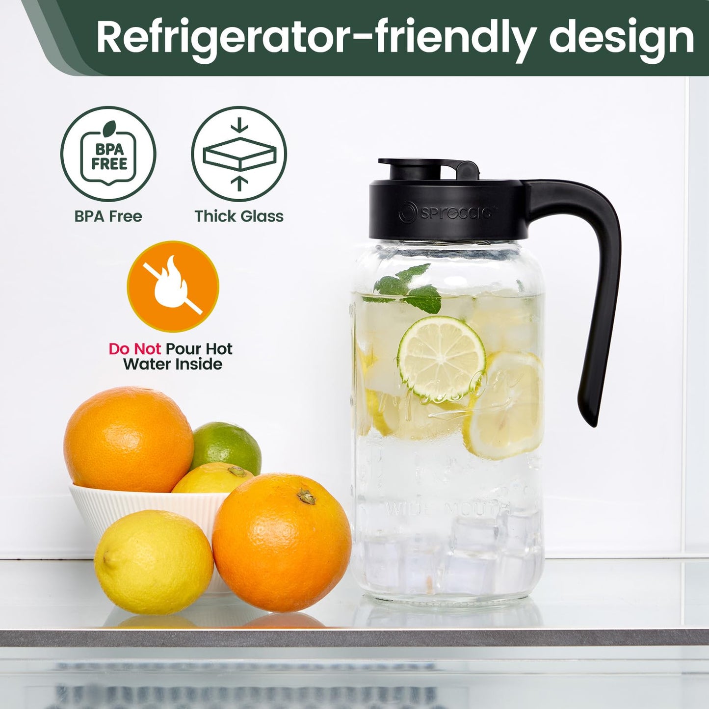Spreccio Mason Jar Pitcher - Airtight & Leakproof Glass Pitcher with Lid, Perfect for Breastmilk, Cold Brew, and Sun Tea, 2 Quart (64 oz) Mason Jar with Pour Spout Lid