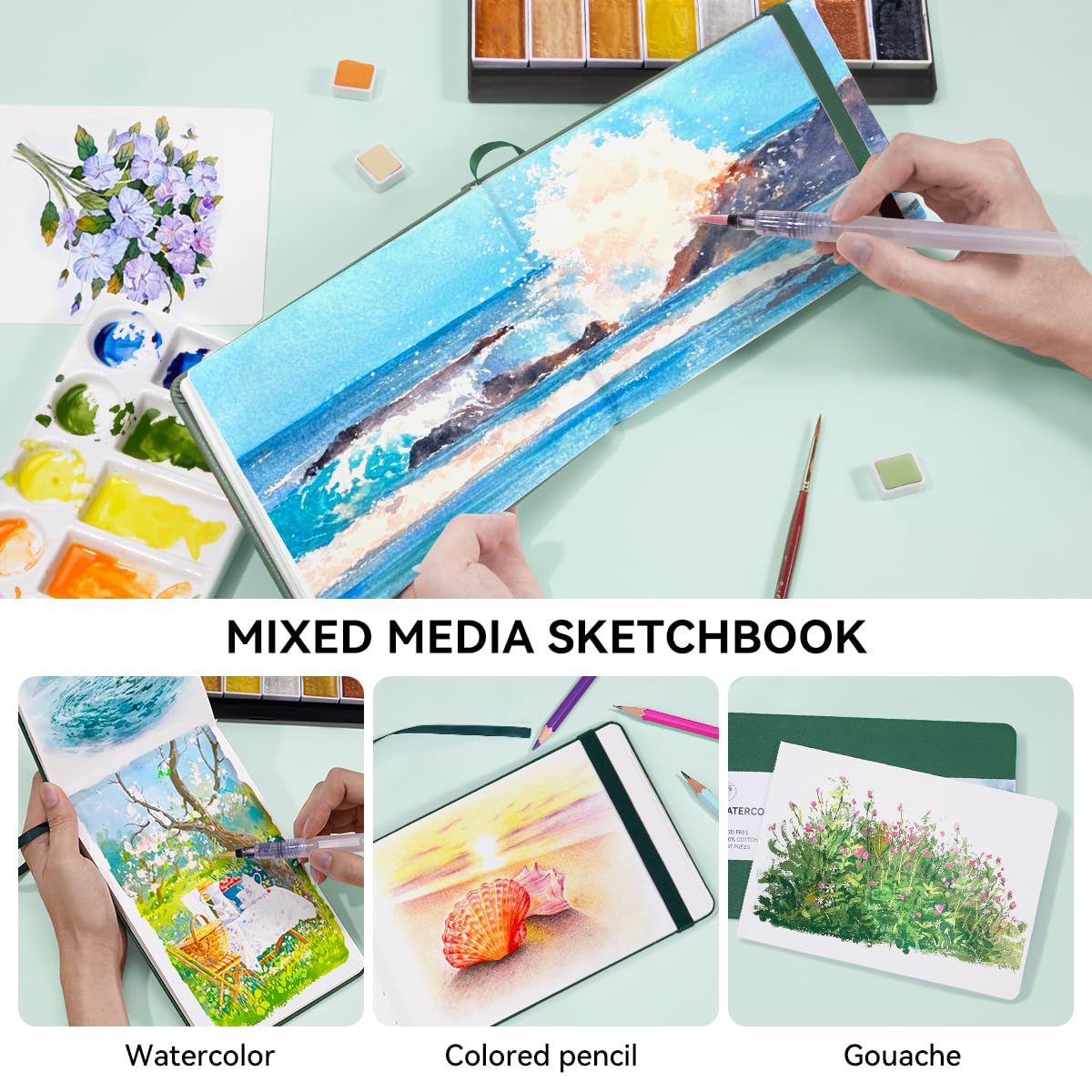 Lightwish Watercolor Journal, 2 Pack 40 Sheets 100% Cotton Hot Press Watercolor Paper Sketchbook 7.6” x 5.3”,140lb/300gsm, Acid-Free for Watercolors, Gouache, Acrylics
