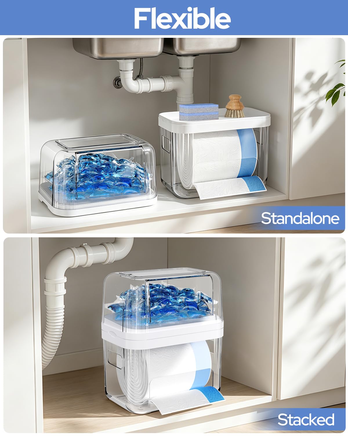 YGKATING Trash Bag Dispenser & Dishwasher Pods Container, 3 in 1 Clear Acrylic Garbage Bags Holder Under Sink Organizer Laundry Pods Dishwasher Tabs Storage Box for Laundry Room and Kitchen Cabinet