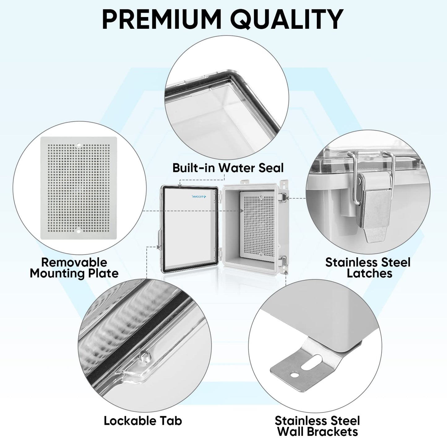 TICONN Waterproof Electrical Junction Box IP67 ABS Plastic Enclosure with Hinged Cover with Mounting Plate, Wall Brackets, Cable Glands (Clear, 11"x7.5"x5.5")