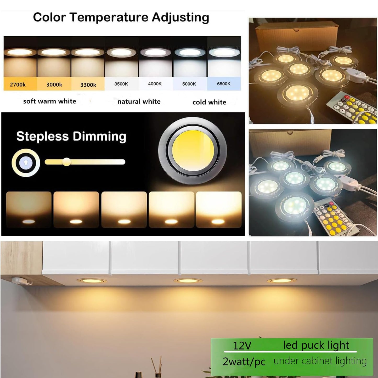 Smart Puck Lights LED Under Cabinet Lighting 2700k-6500k Dimmable Works with Alexa,Google Home,APP & Remote,12V,2W/pc,Recessed Kitchen Lamp Plug In for Counter,Display Shelf,2.5Inch Cutout,6pcs,Sliver