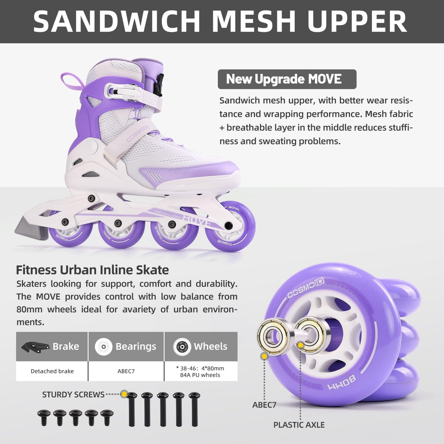 COSMOID Women's Adult Fitness Inline Skate, Outdoor Street Blades Roller Adult Female, Professional Fitness Roller Skates Blades, White and Purple,Size 5-12,Move