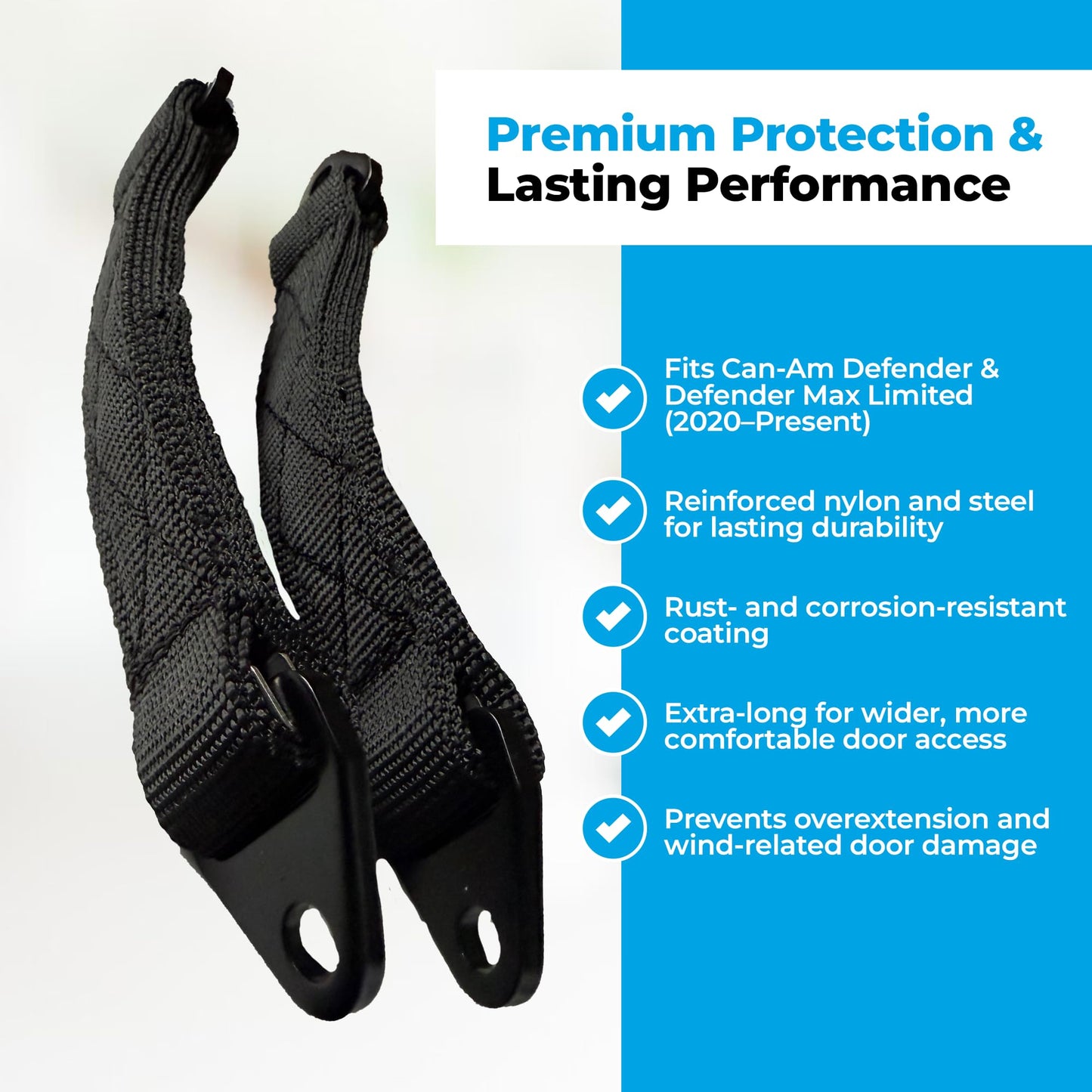 Heavy-Duty Door Limit Straps for Can-Am Defender & Defender Max Limited (2020-Present) | Extra-Long for Wider Door Opening | 2-Pack, Black