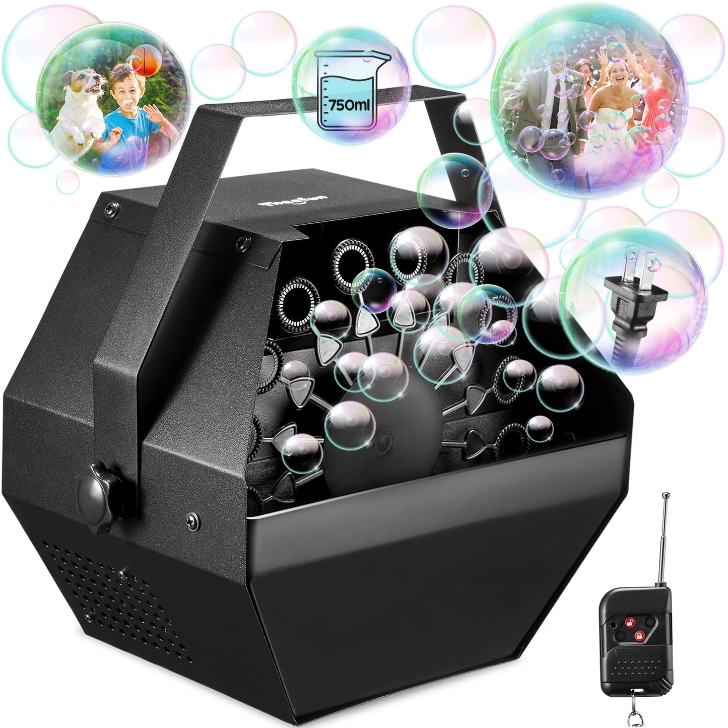Theefun Bubble Machine: Remote Control 750ML Metal Bubble Blower Machine with High Output, Plug-in Automatic Bubble Maker Bubble Toys for Parties Wedding Birthday Indoor Outdoor Use with AC Adapter