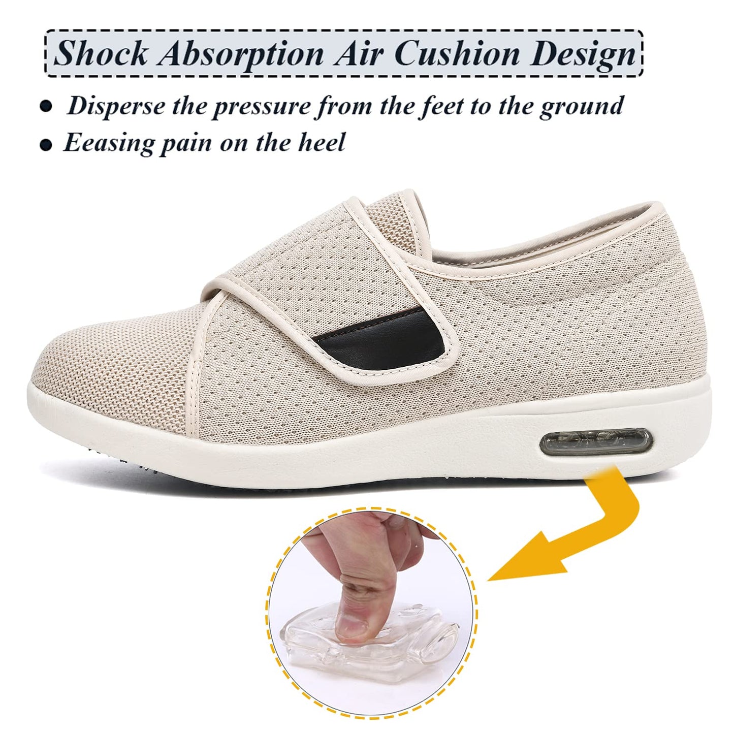 W&LESVAGO Women's Wide Width Diabetic Walking Shoes with Adjustable Closures,Non-Slip Lightweight Sneakers with Classic Air Cushion for Diabetic Edema Plantar Fasciitis(7#, Beige)