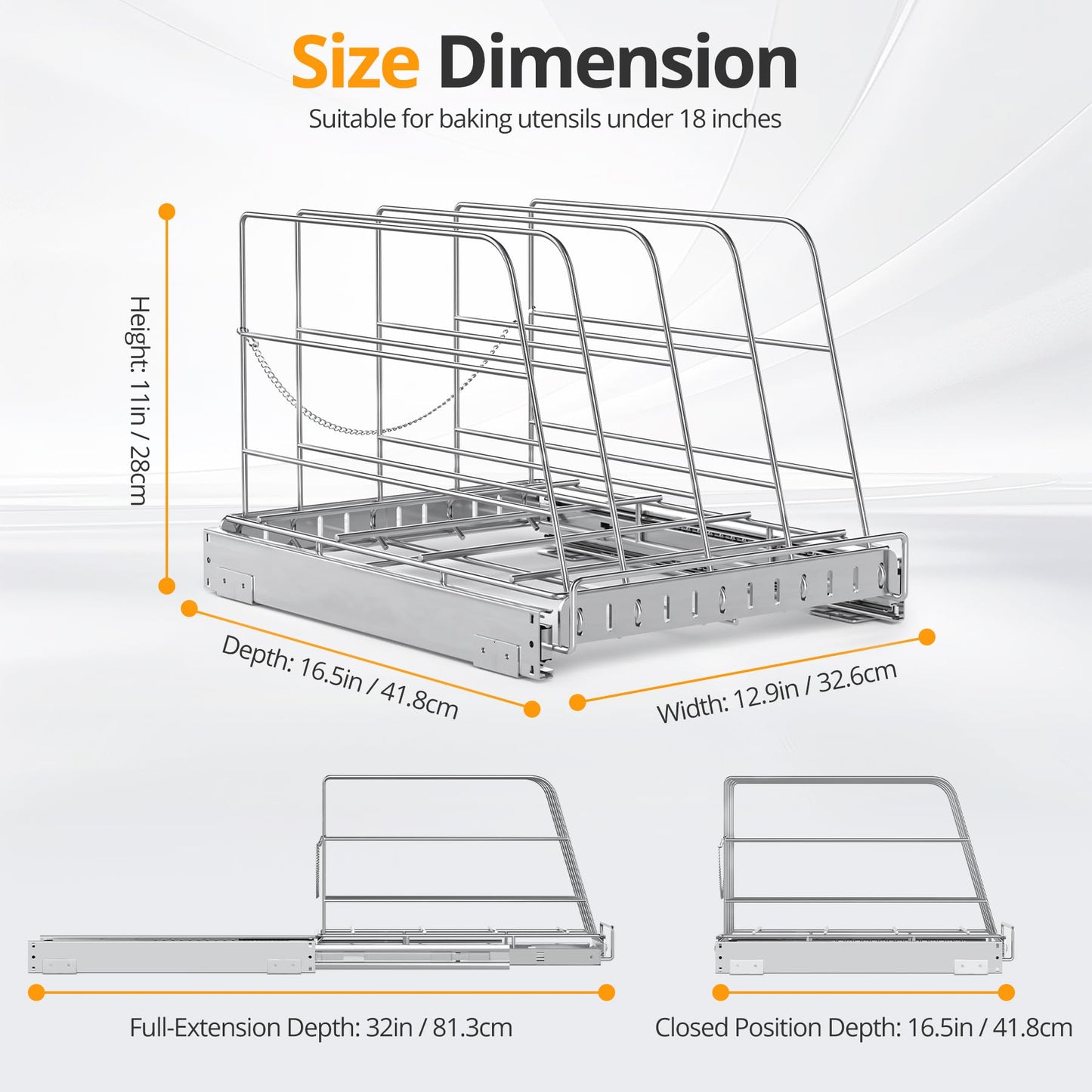 Pull Out Cabinet Organizer for Cutting Board, Cookie Sheet, Baking Sheet, Stainless Steel Sliding Rack for Bakeware & Trays, Heavy-Duty Cutting Board Organizer (12.9” x 16.5” (32.6 x 41.8 cm))