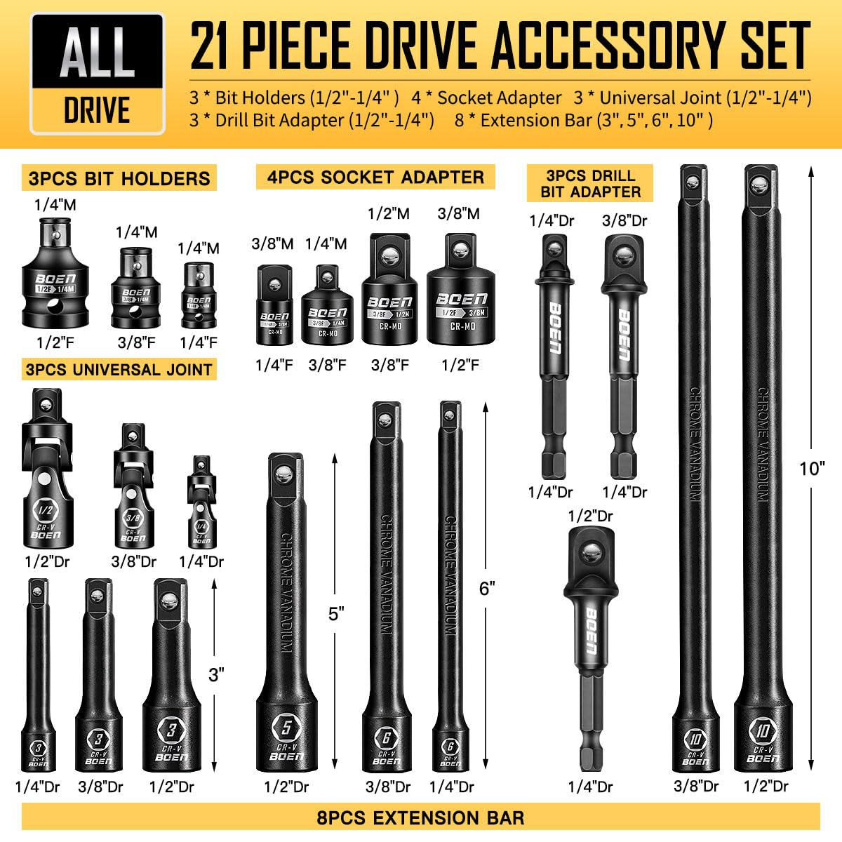 BOEN 21 Piece 1/4" & 3/8" & 1/2" Drive Tool Accessory Set, Includes Socket Adapters, Extension Bars, Swivel Universal Joints, Impact Bit Holders and 1/4" Hex Shank
