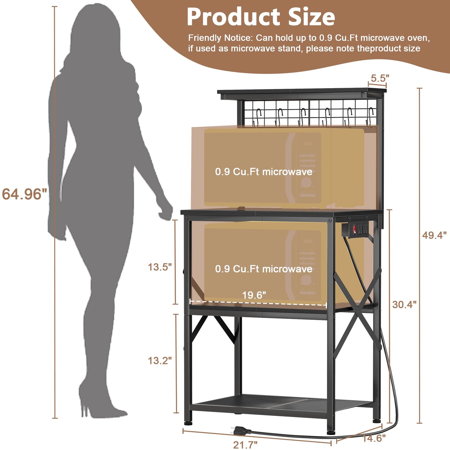 Furologee Kitchen Bakers Rack with Power Outlet, Microwave Oven Stand with Storage 4 Tiers, Coffee Bar Table with 6 S Hooks, Kitchen Storage Shelf Rack for Spices, Pots,Black