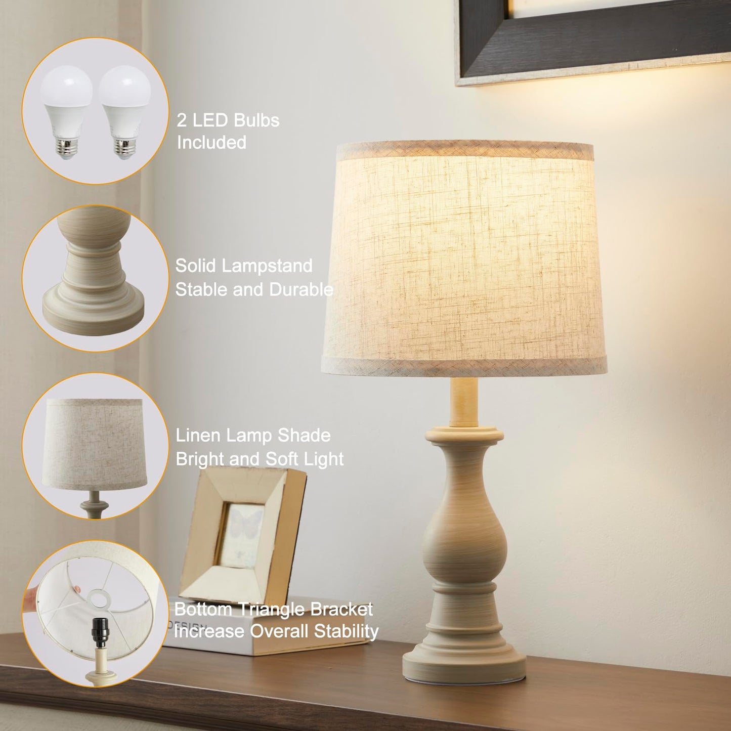 Hikczc Vintage Table Lamp for Living Room Bedroom, 18.5" Farmhouse Bedside Lamps Nightstand Lamp Set of 2, Table Lamps with Oatmeal Linen Lamp Shades, 2 LED Bulbs Included