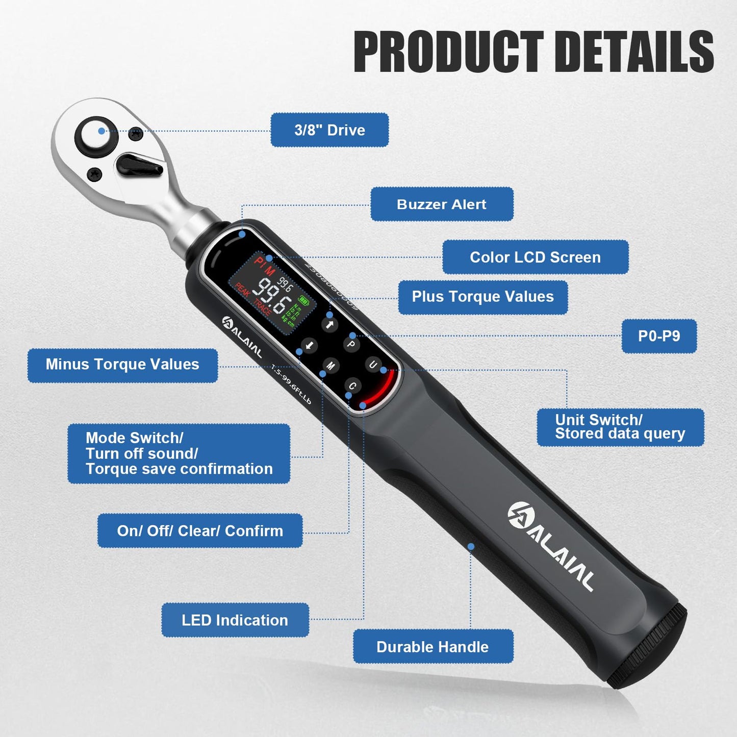 ALAIAL Digital Torque Wrench 3/8 Drive, 1.5-99.6Ft.Lb/2-135Nm Dual Direction Rachet Wrench with Vibration, Buzzer, LED Alert, Electronic Torque Wrench for Bicycle, Motorcycle, Car Tire, Mechanical