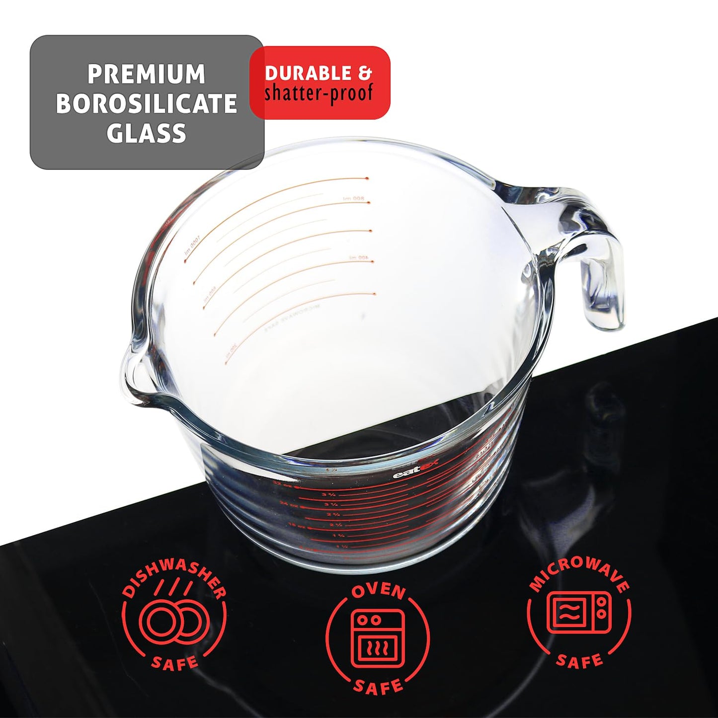Eatex Glass Measuring Cups Set of 3 - Liquid Measuring Cups, Glass Measuring Cup Set - 1,2,4 Cup Measuring Cup - Dishwasher Oven, Microwave Safe Measure Cups