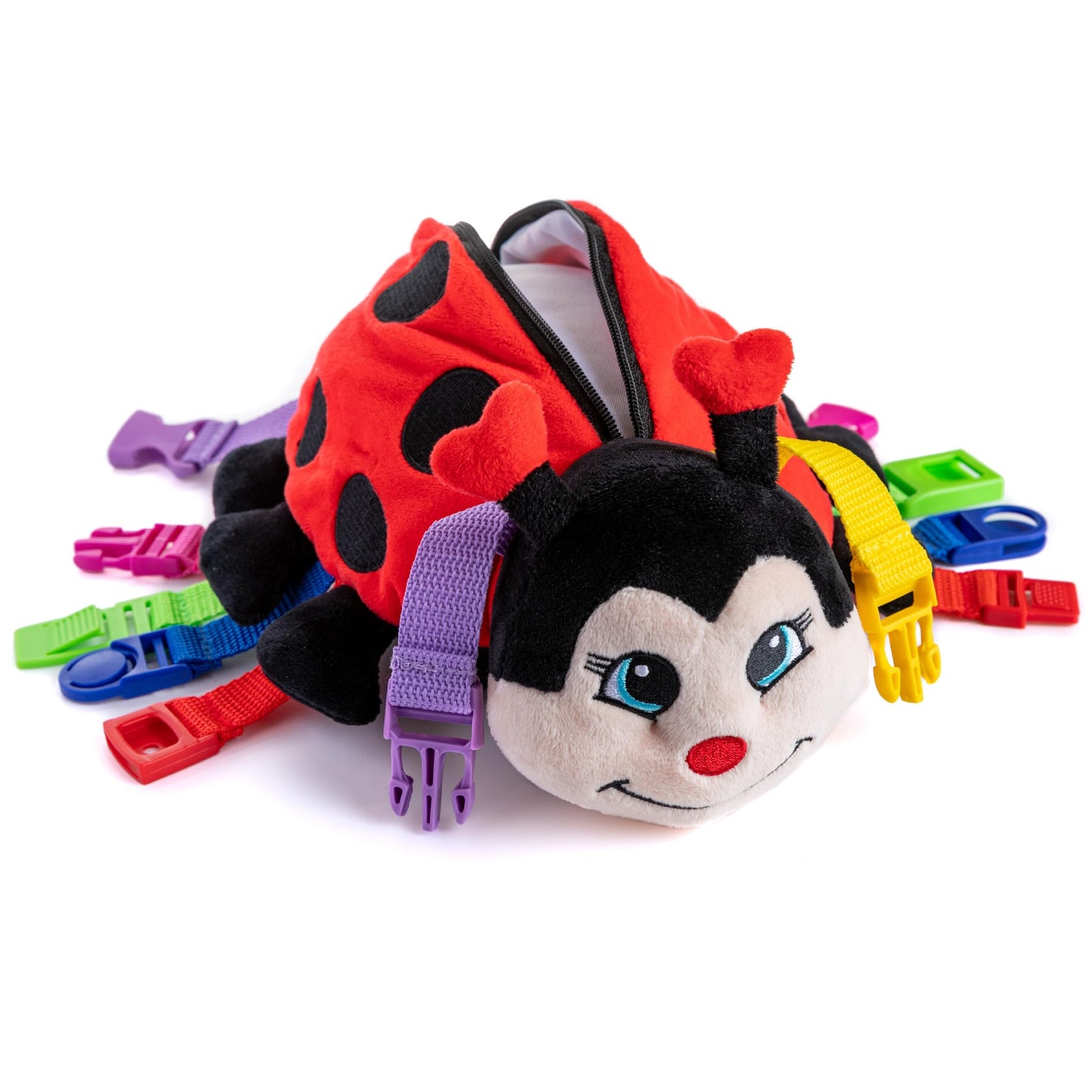 Buckle Toy - Becky Ladybug Stuffed Animal - Montessori Learning Activity Toy - Develop Motor Skills and Problem Solving - Toddler Sensory Travel Toy