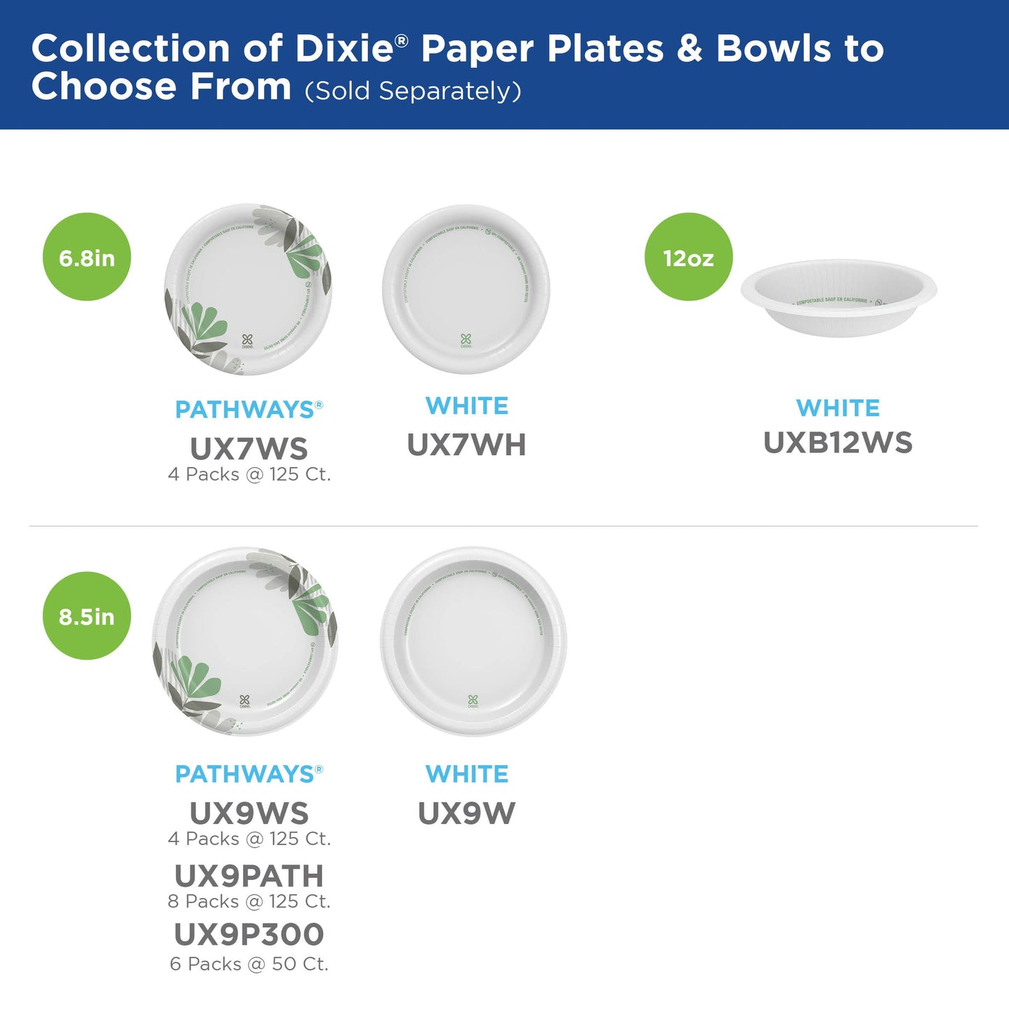 Dixie 8.5" Medium-Weight Paper Plates by GP PRO (Georgia-Pacific), Pathways, UX9WS, 500 Count (125 Plates Per Pack, 4 Packs Per Case)