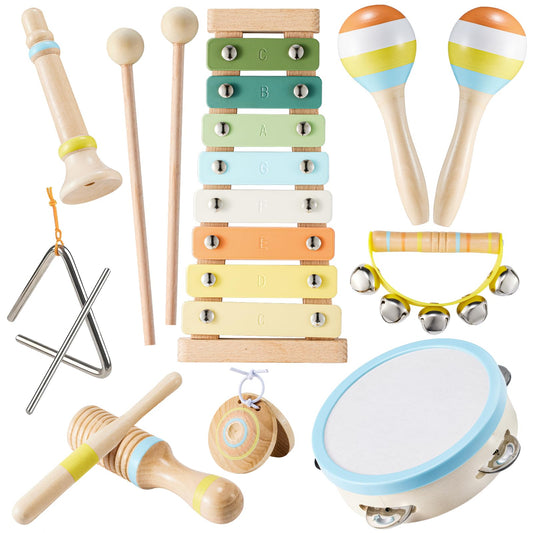 Baby Musical Instruments Set Montessori Wooden Music Toys for Toddlers 1 2 3 Neutral Color Percussion Music Kit with Drum, Xylophone,Storage Bag, Birthday Preschool Learning Gift for Boys Girls