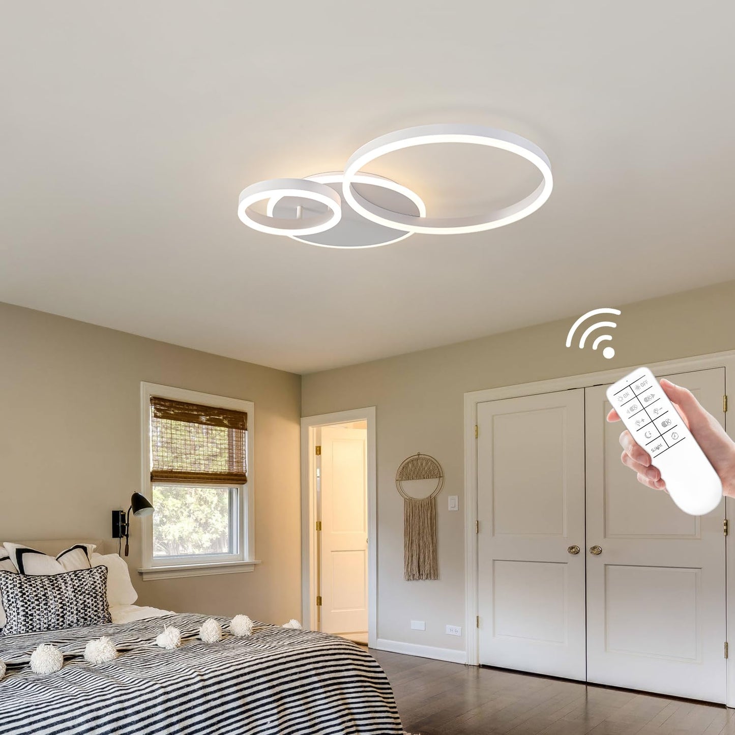 O'NEELDY Modern 3 Ring LED Chandelier Lamp Fixture White 25.59''Dimmable Acrylic Flush Mount Ceiling Lights with Remote Control Ideal for Small Room, Kitchen, Bedroom