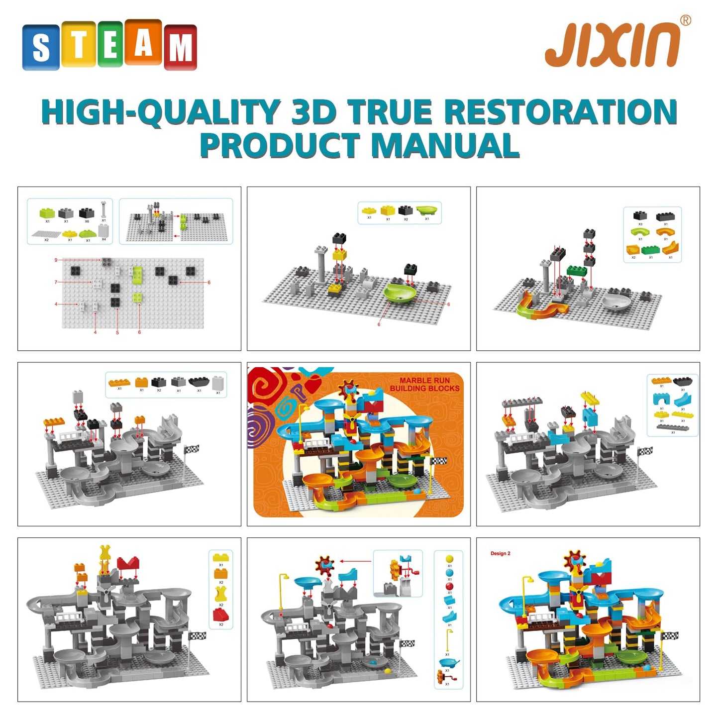JIXIn 3in1 Marble Runs for Kids 4-8/Building Blocks Compatible with LEGO DUPLOS for Age 2-5/Marble Run for Kids Ages 3-5 STEM Toy Set with 164 Pcs Classic Big Block/Gift Toys for Kids Age 3 4 5 6 7 8+