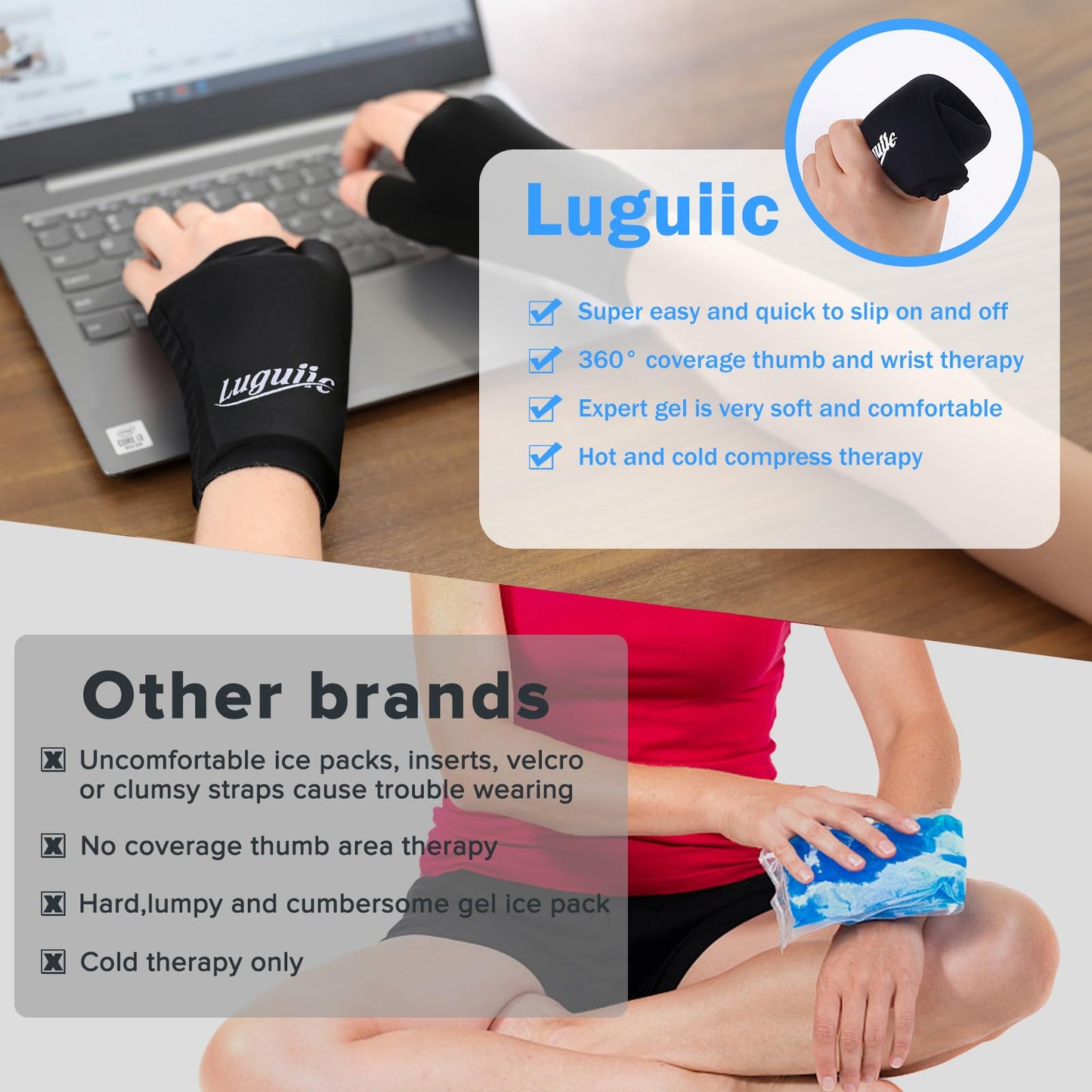2-Pack Reusable Thumb & Wrist Gel Wraps - Hot/Cold Therapy for Pain Relief, Carpal Tunnel, Arthritis, Tendonitis & Swelling (Black, Medium*2)