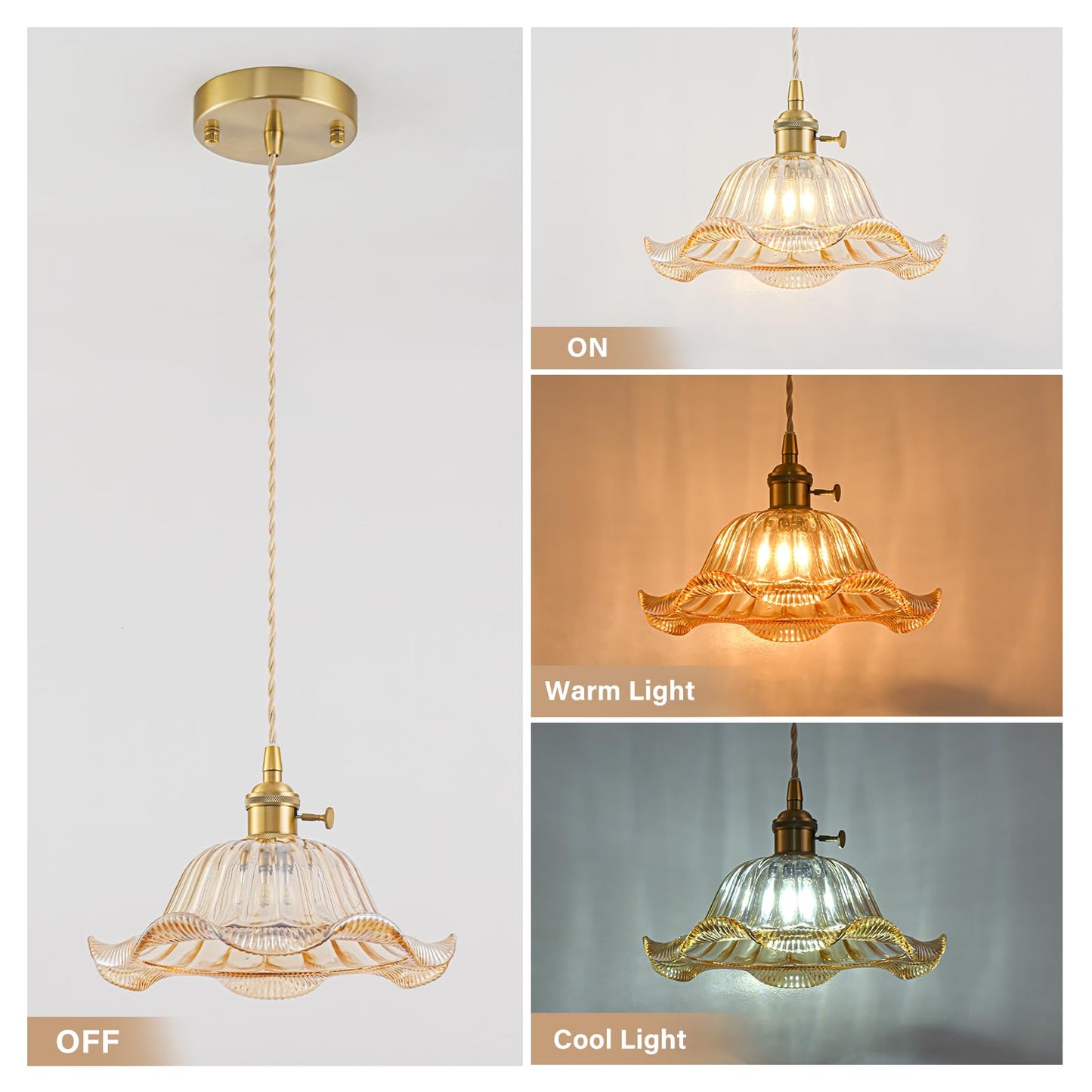 Vintage Pendant Lights Kitchen Island 3 Pack, Adjustable Pendant Light Fixtures with Amber Lily Glass Lampshade, Gold Kitchen Pendant Lighting Over Island, Pendant Light for Dining Room Hallway