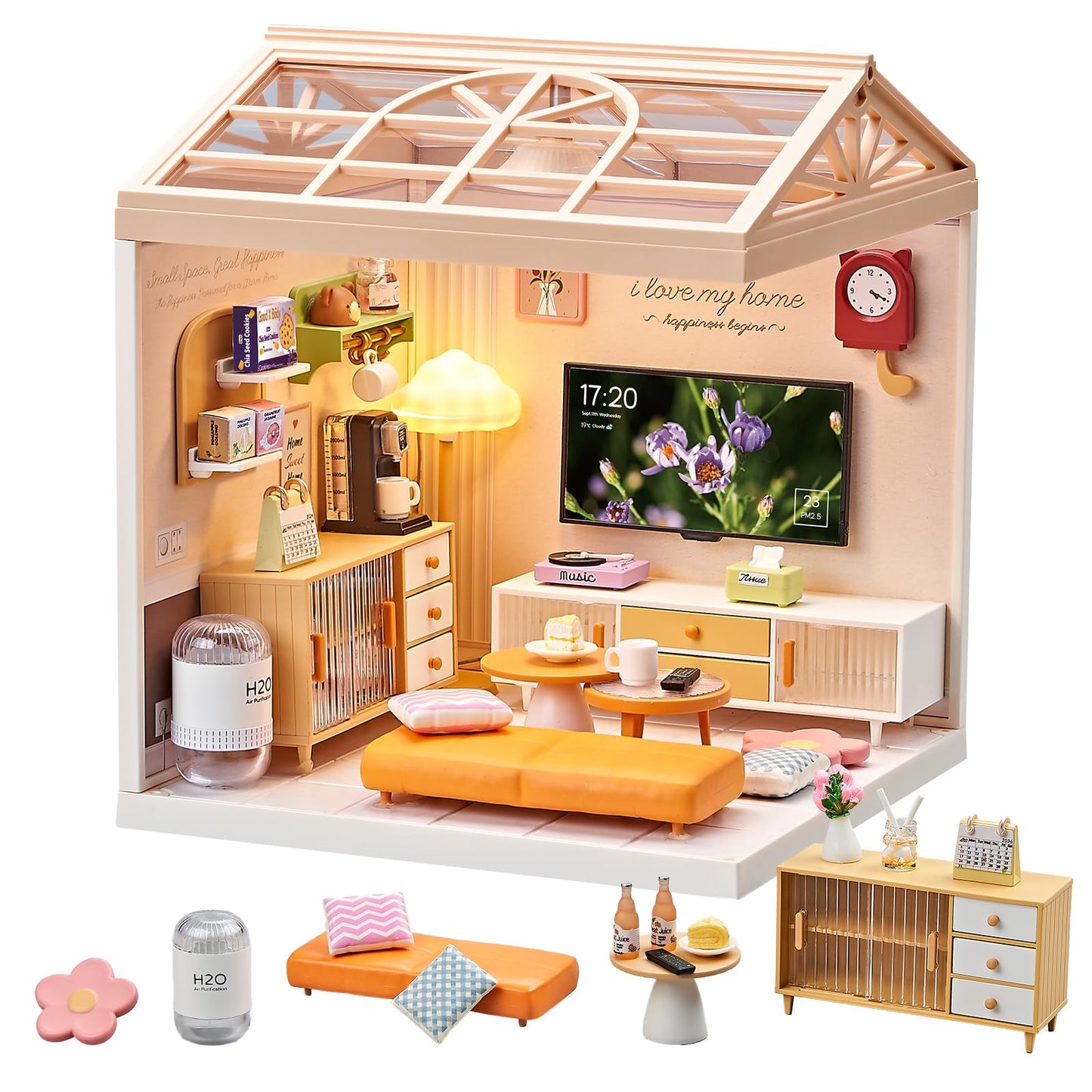 Qudify Miniature Living Room DIY Play Kit – 92Pcs 1:20 Scale Dollhouse Furniture Toy with LED Light, Modular Scene Connector & Realistic Details Tiny House for Kids 8+ and Collectors