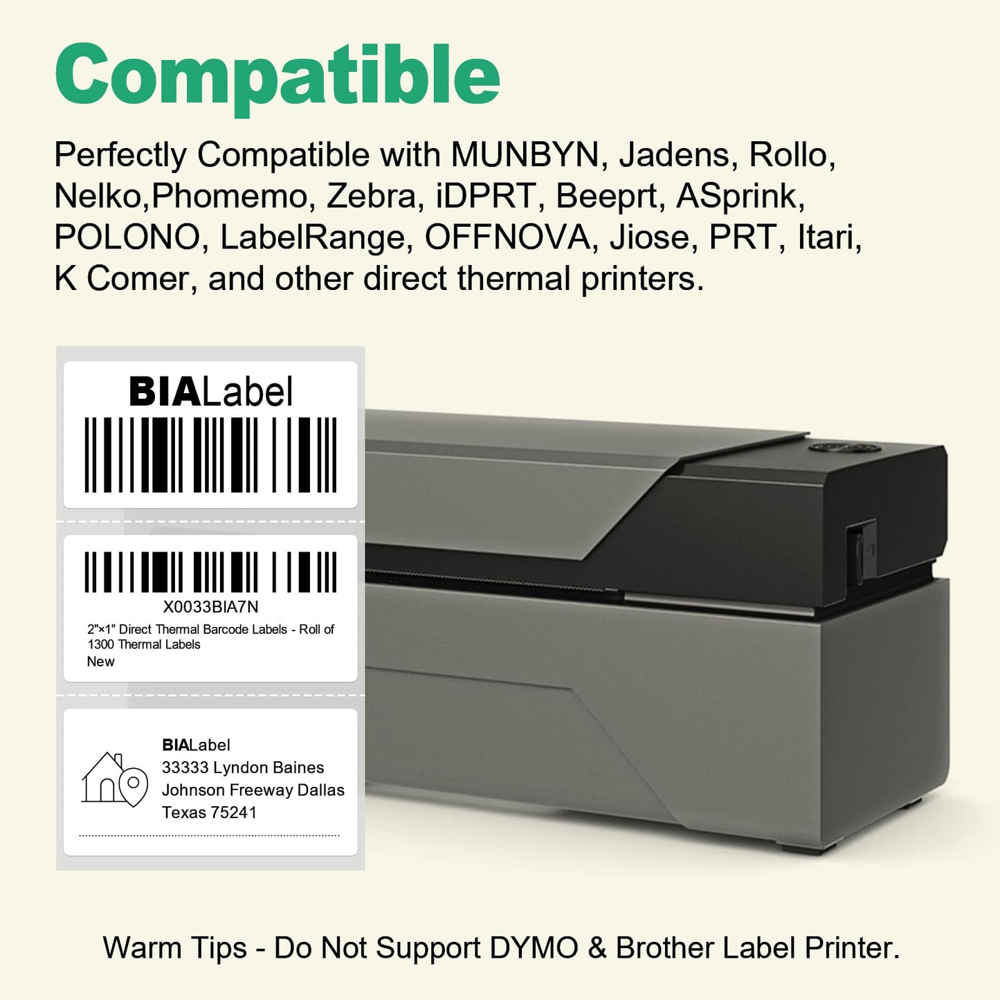 12 Rolls 2" X 1" Thermal Labels, 1300/Roll - Direct Thermal Labels Compatible with Zebra & Rollo Printers, BIAlabel