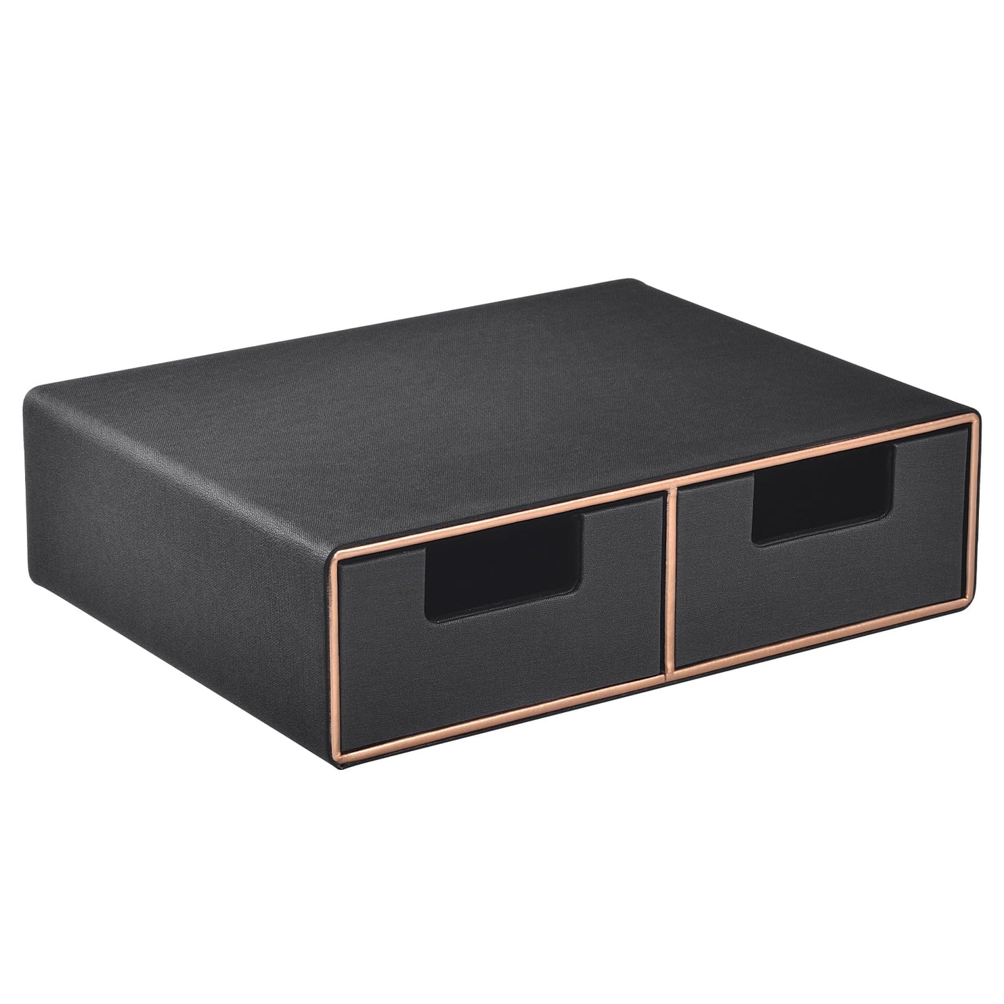 Linen Leather Desk Organizer and monitor stand with Drawers－Mini Desktop Drawer Organizer Stackable－Tabletop Organization Storage Box for Office Supplies Home Vanity Toiletries (Black, 2-drawers)