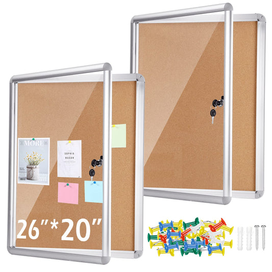 2 Pieces Enclosed Bulletin Board 26 x 20 Inch Lockable Notice Board Case Aluminum Framed Waterproof Noticeboards Cabinet with Mounting Screws for Office School Classroom Wall Display