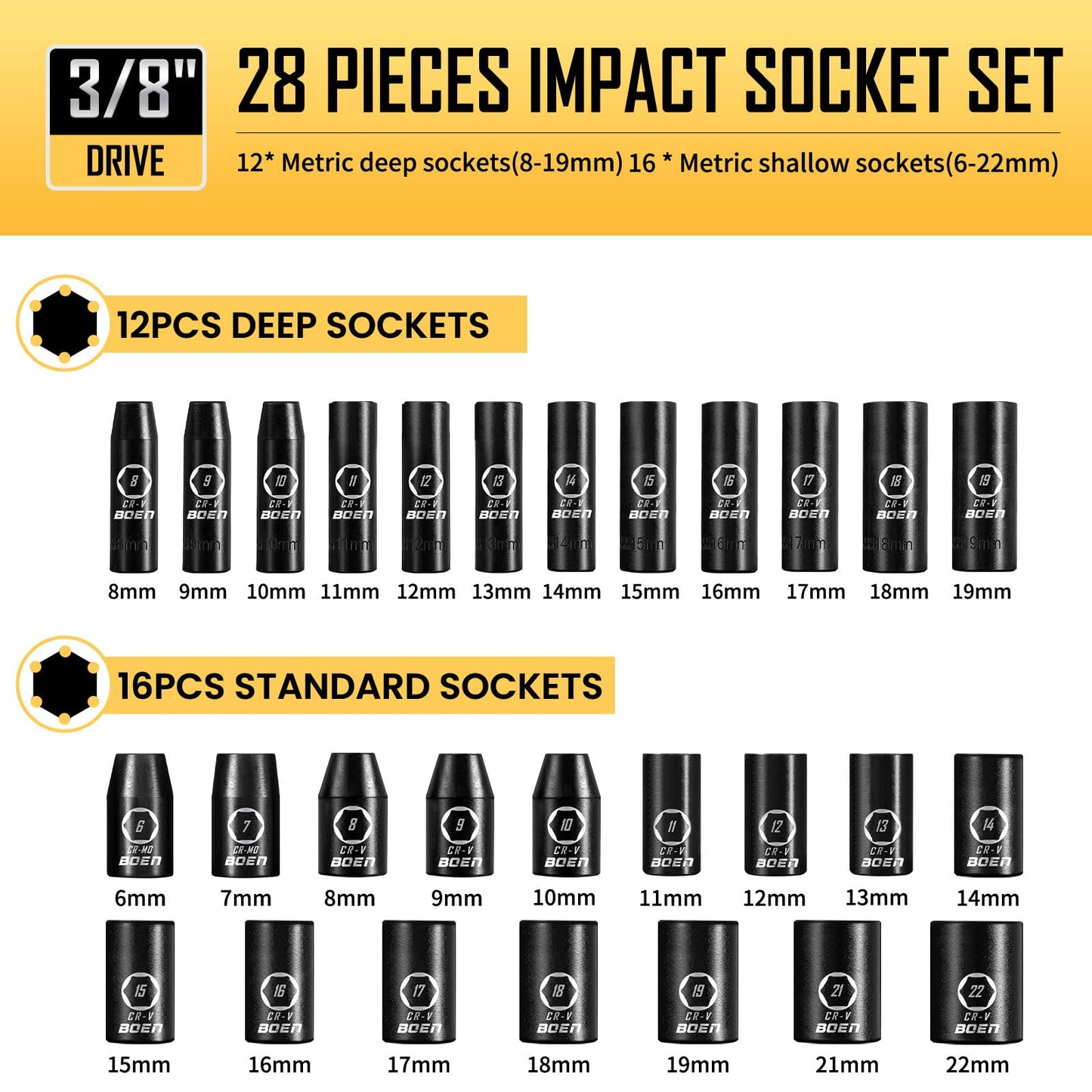 BOEN 3/8" Drive Impact Socket Set, 59-Piece Standard SAE (5/16 to 3/4 inch) and Metric (6-22mm), Include 9-Piece E-Torx Socket Set (E5-E16) 丨Ratchet Handle, Extension Bar, Universal Joint, Adapter