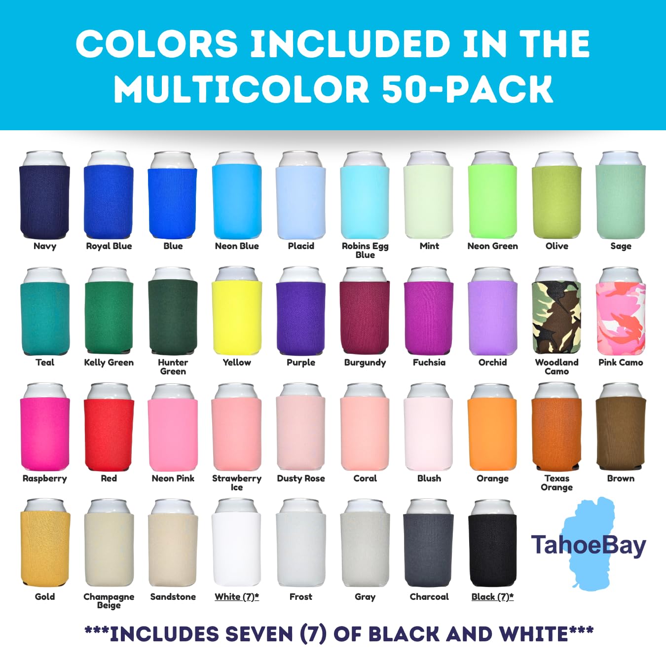 TahoeBay Bulk Blank Beer Can Cooler Sleeves (50-Pack) Sublimation Blanks for Vinyl Plain Soft Foam Can Sleeves Coolers for Soda Cans & Bottles Solid Color (Multicolor)
