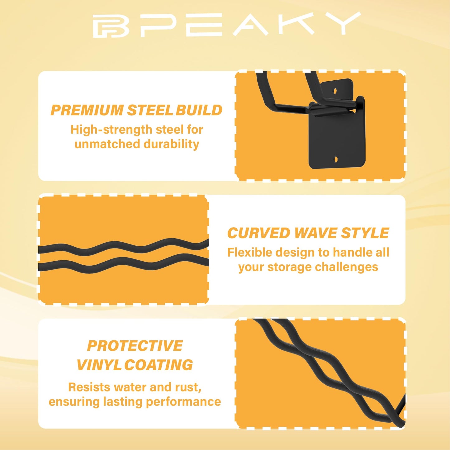 BFPeaky Heavy Duty Garage Hooks - 6 Pack Wave Hooks for Shovels, Chairs Tools - Durable 12" Ladder Hanger, Ideal for Garden, Garage, Yard Tool Organization