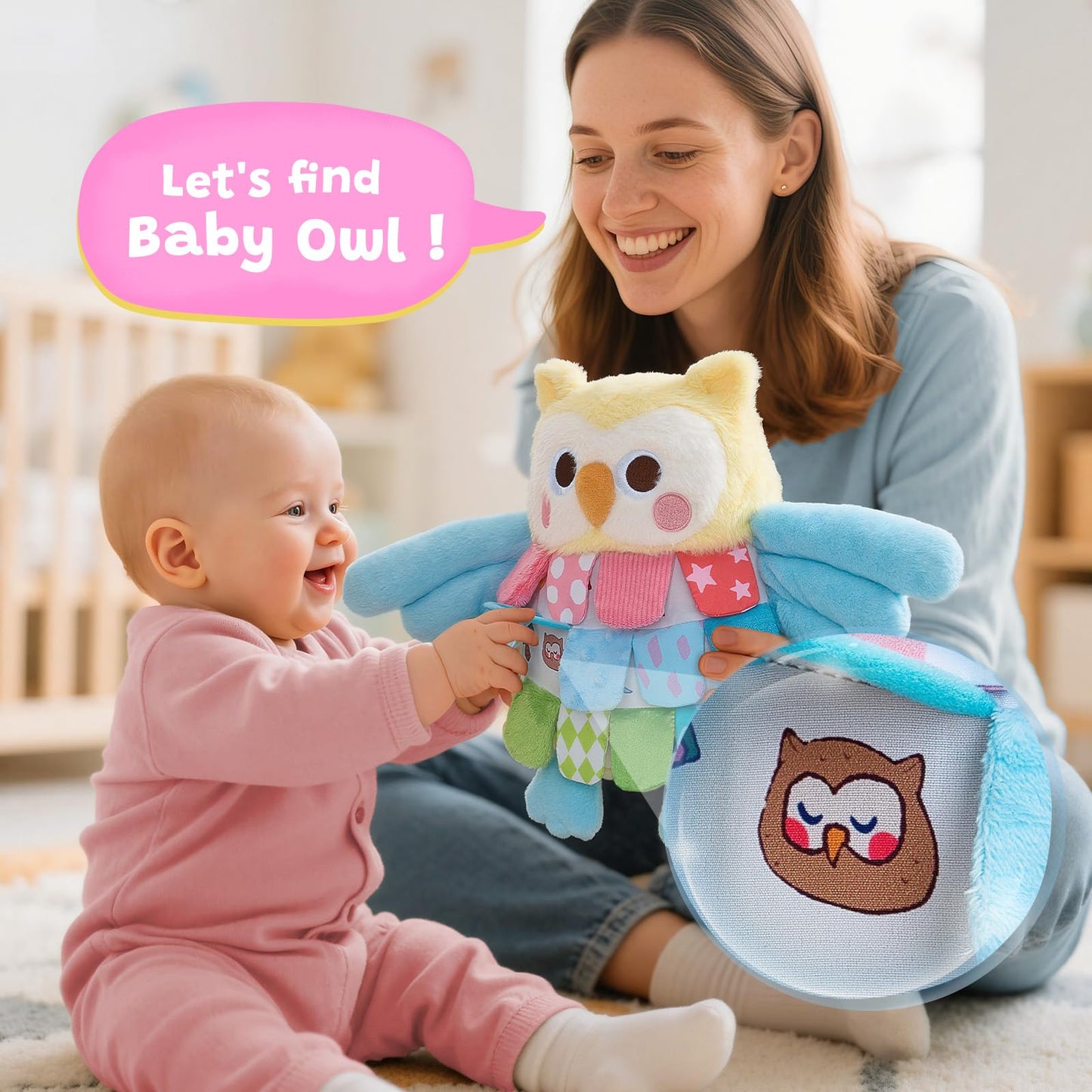 JoyCat Flip Owl Stuffed Animal, Soft Baby Sensory Toy with Multi-Textured Crinkle, Squeaker & Baby Mirror, Infant Tummy Time Toy for 0-9 Months, Newborn Baby Boy Girl Gift