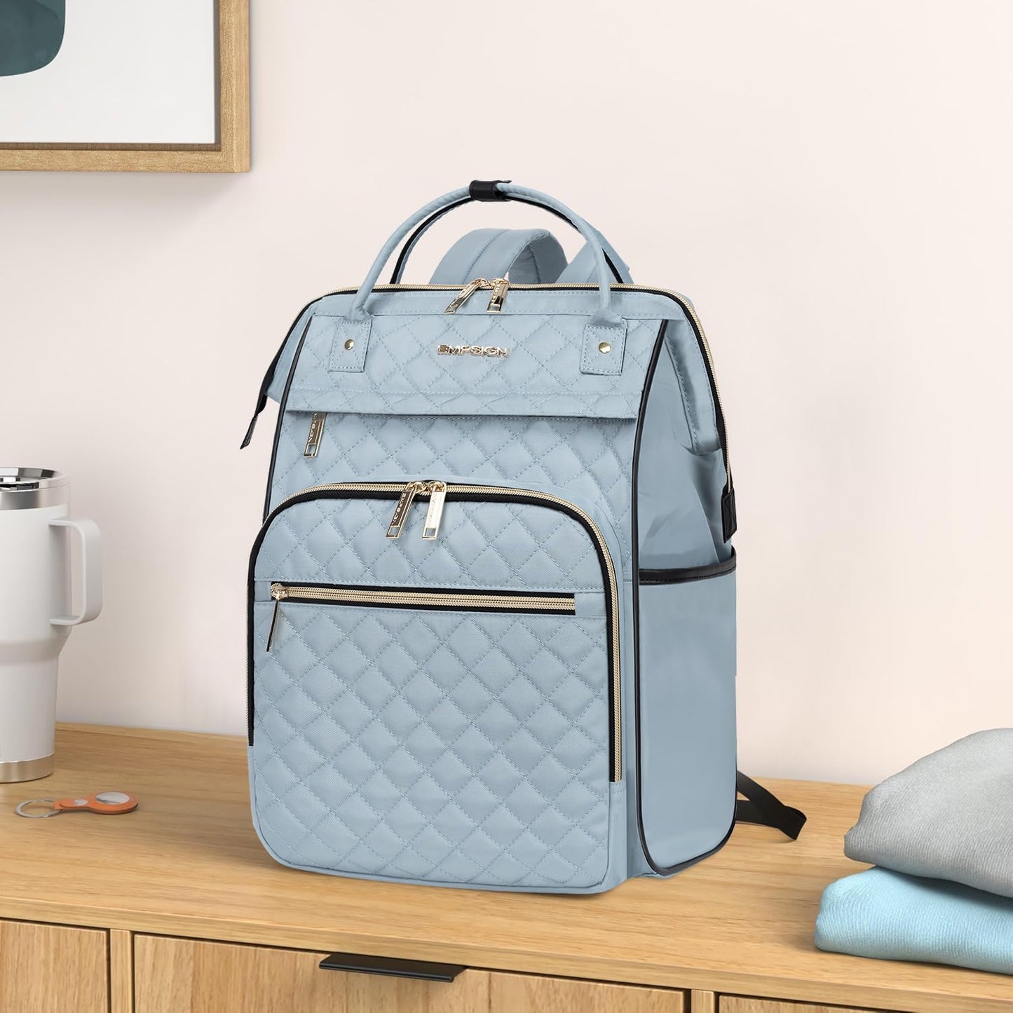 EMPSIGN 17 Inch Laptop Backpack for Women, Work Business Travel Computer College Bags, Large Capacity Water-repellent Quilted Casual Daypack, Light Blue