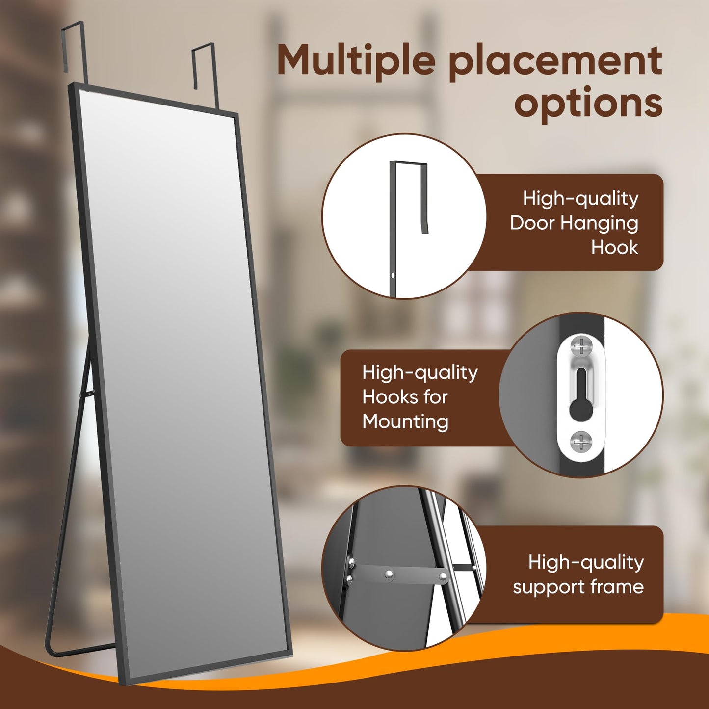 Antok 48''x 14'' Full Length Mirror Over Door, 4-in-1 Standing Leaning Wall Mounted, Adjustable Hanging Mirror for Bedroom Living Room, Black, Rect Corner