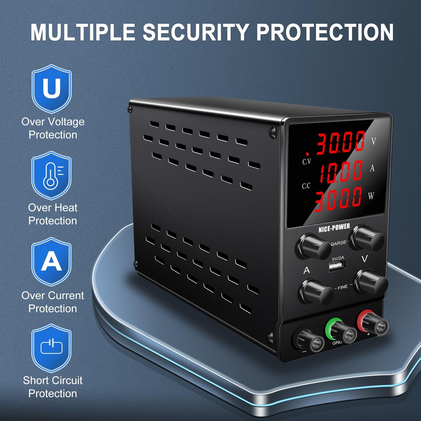 NICE-POWER DC Power Supply Variable: 30V 10A Adjustable Switching Regulated High Precision 4-Digits LED Display 5V/2A USB Port Test Lead Output & Input Power Cord Bench Lab Power Supplies