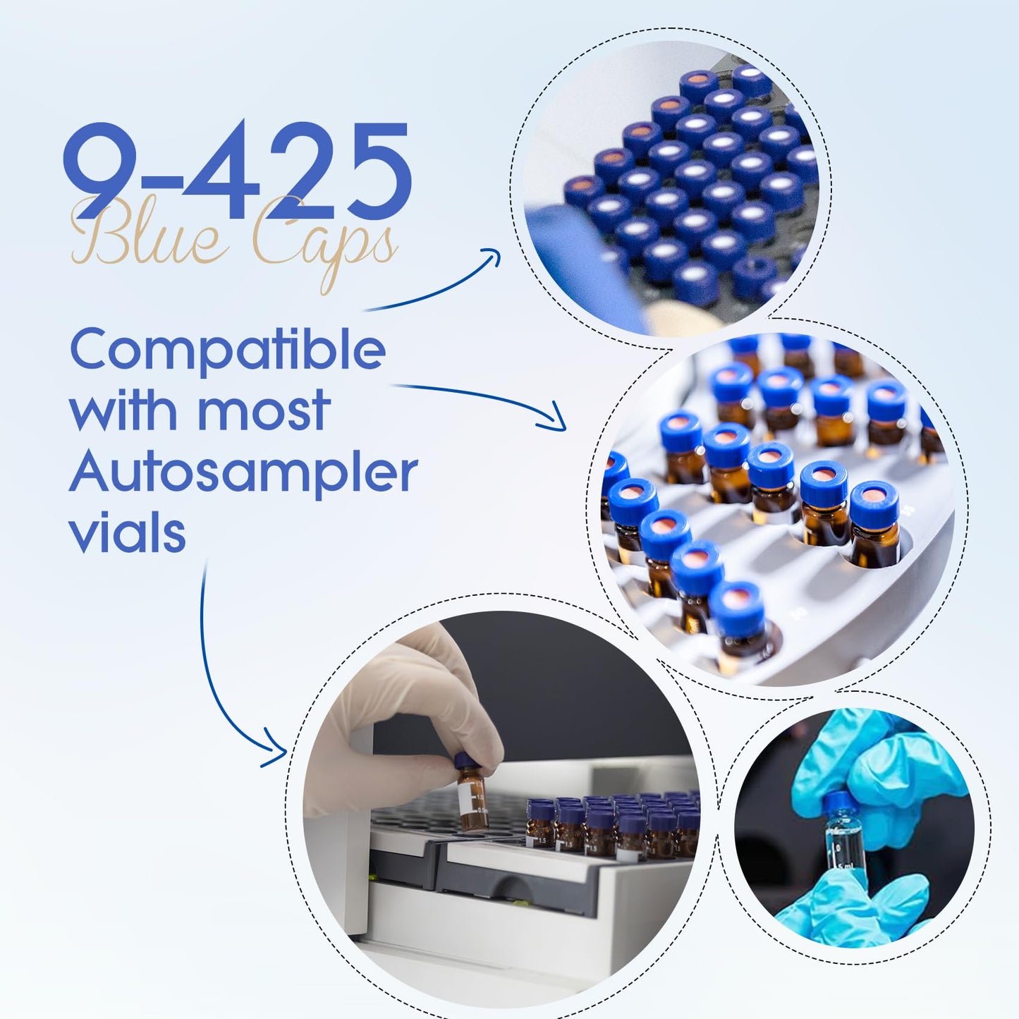 ALWSCI 1000PCS Blue 9-425 Open Top Ribbed Screw Cap, 2 ml HPLC Vial Caps, Pre-Slit 9 mm Blue PTFE/White Silicone Liner