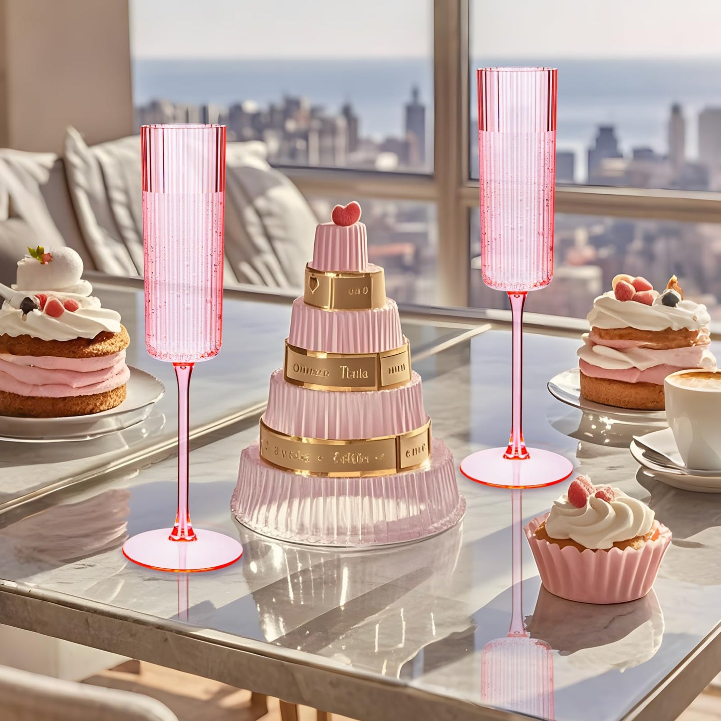 Joyido 36 Pack Pink Plastic Champagne Flutes - 6oz Ribbed Disposable Champagne Glasses - Clear Pink Vintage Mimosa Glasses with Long Stem Elegant & Lightweight for Wedding Party