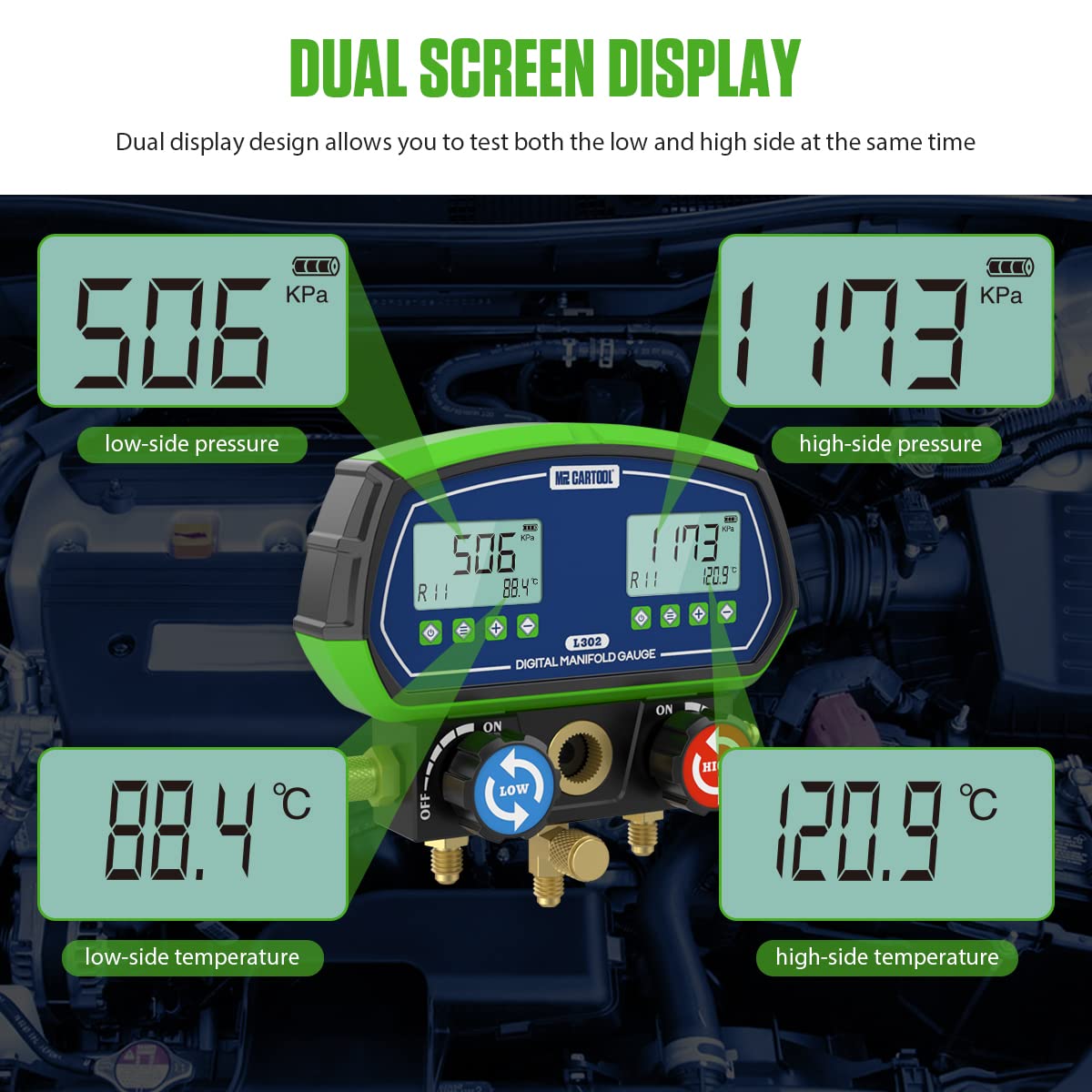 MR CARTOOL L302 Digital Manifold Gauge Set 2-Valve Refrigerant HVAC Systems Leakage Pressure Tester Tool with 3 Hoses for Air Conditioning Refrigeration Recharging