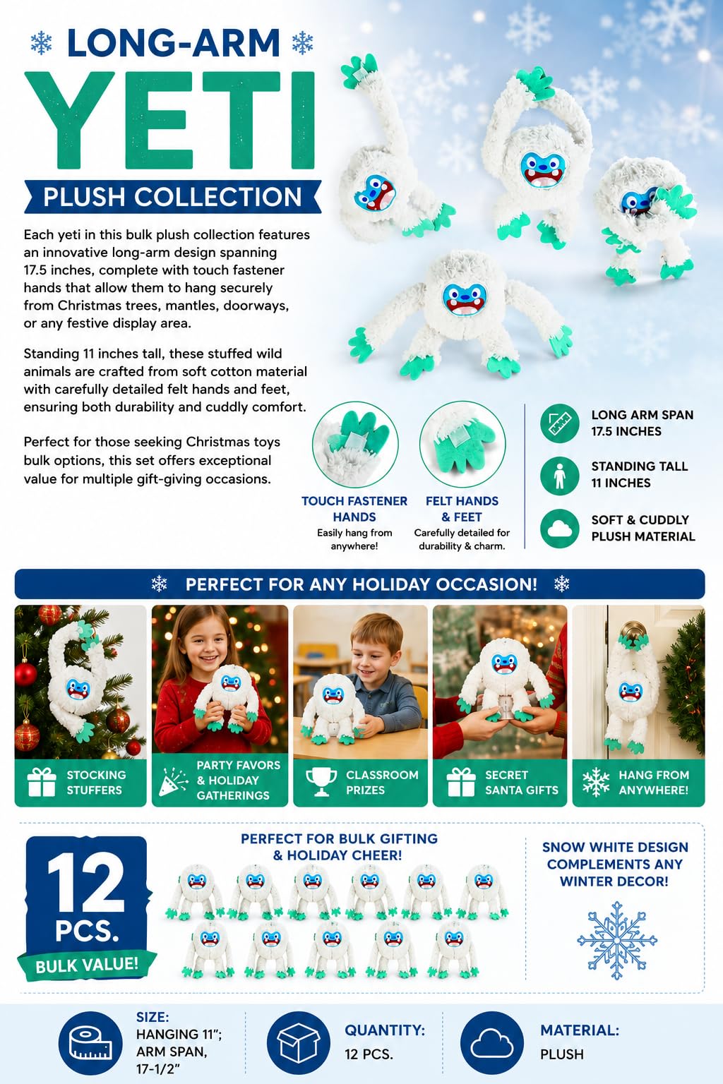 Fun Express Long Arm Plush Big Foot Bumble Yetis (Set of 12) Winter Christmas Stuffed Animal Toys and Stocking Stuffers