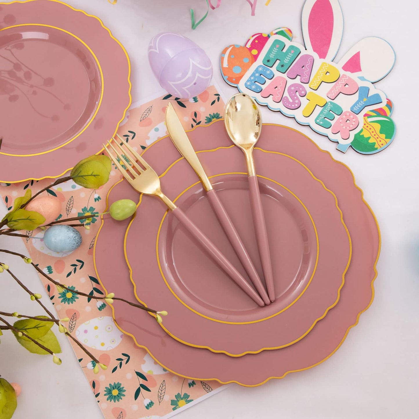 Nervure Purple Plastic Plates 100 Packed- Mauve and Gold Disposable Plates & Gold Plastic Silverware with Purple Handle For Wedding&Coming Spring Parties - Served for 20Guests