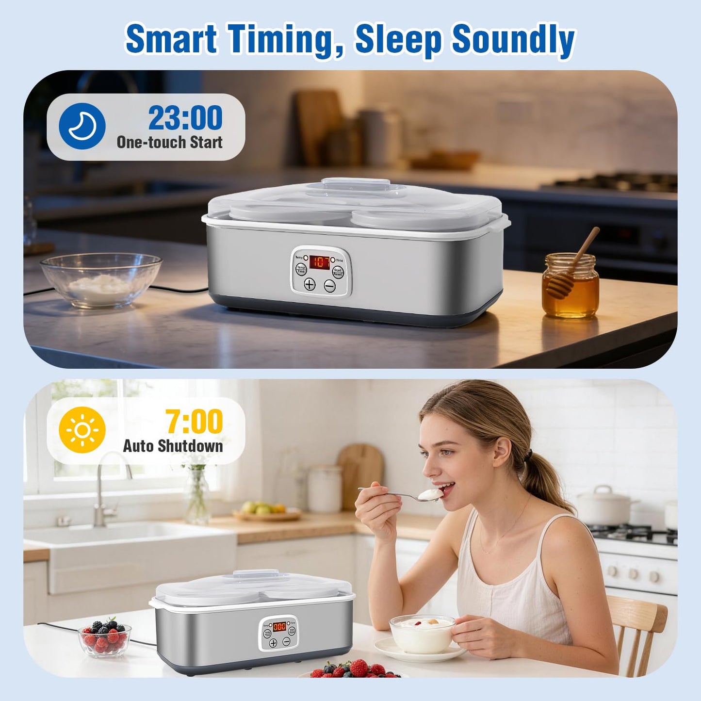 Yogurt Maker with Adjustable Time and Temp Control, Yogurt Maker Machine with Automatic Shut-Off & Constant Temper for Homemade Probiotic, Greek Yogurt, BPA-Free 2 Bowls