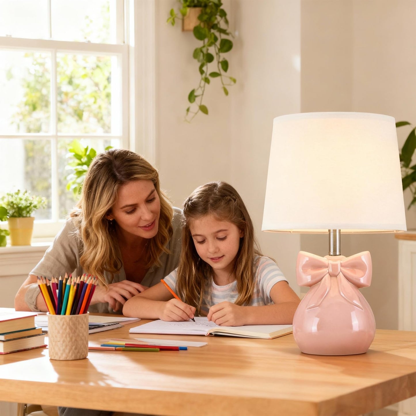 Hapcrea Pink Bow Table Lamp for Girl's Room, 19" Ceramic Cute Lamp for Bedroom, Classic Bedside Lamp for Nightstand, Modern Table Lamp for Living Room with Rotary Swtich (Bulb Included)
