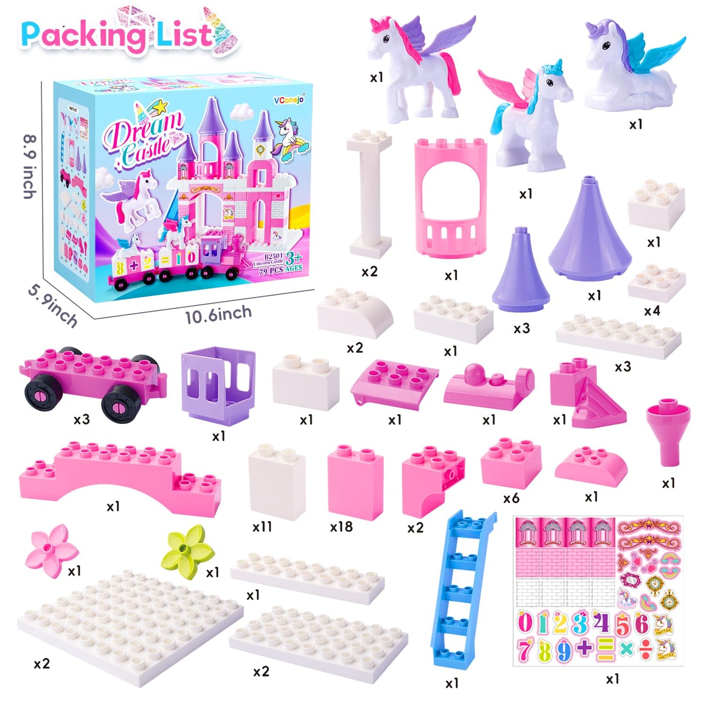 Classic Building Blocks for Toddlers - Compatible with Major Brands, Unicorn Theme Princess Castle & Number Trains Classic Bricks, Creative Educational Buildable Kits for Girls Boys Ages 3, 4, 5, 6-12
