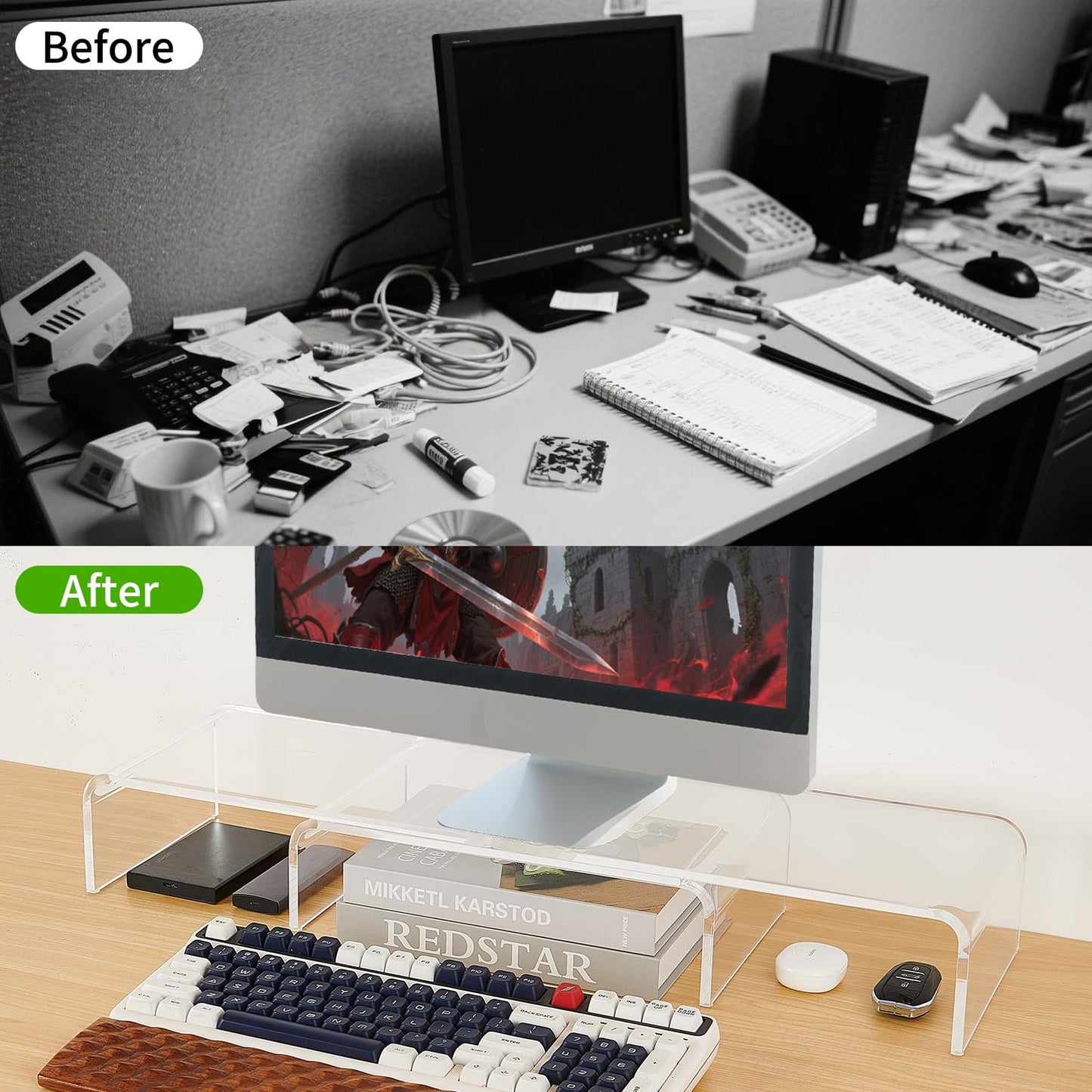 LEKETREE Acrylic Monitor Stand , Clear Monitor Stand for Desk, Computer Accessories for Home Office, Desk Organizer Shelf for Laptop, PC, Multi Media and more