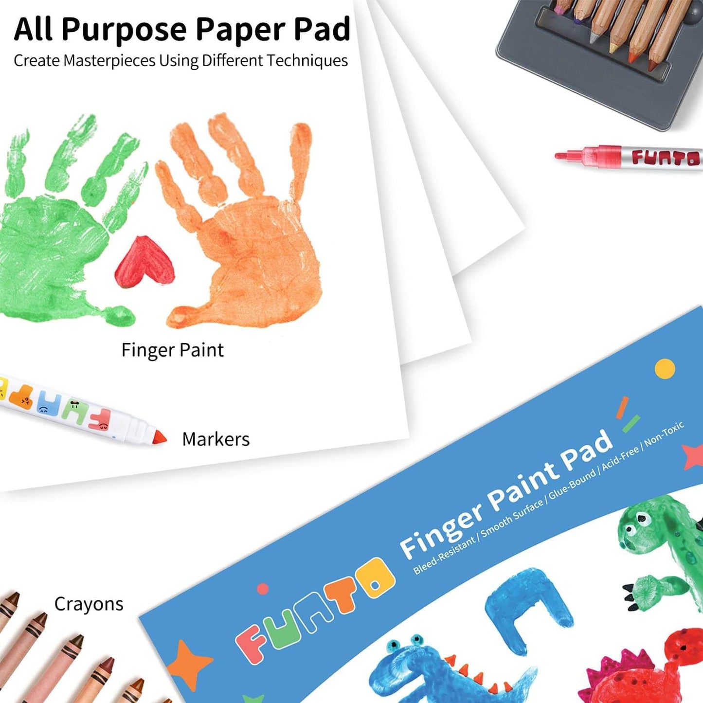 Funto Finger Paint Pad for Kids, 60 sheets total, 12”x16'', 2-Pack, Toddler Painting Supplies, Tempera Paint Pad for Kids, Art Paper for Finger Painting, Drawing & Art Supplies