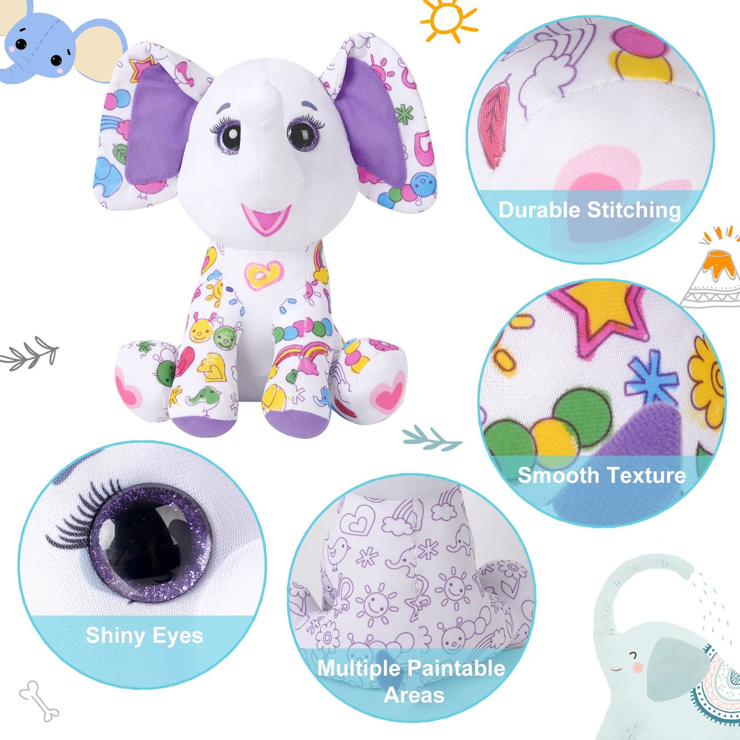 DIY Coloring Plush Toy with Washable Markers, Scribble Pets Stuffed Animal, Doodle Dolls Art Toy for Boys and Girls Ages 3-8, Birthday Gift (Elephant)